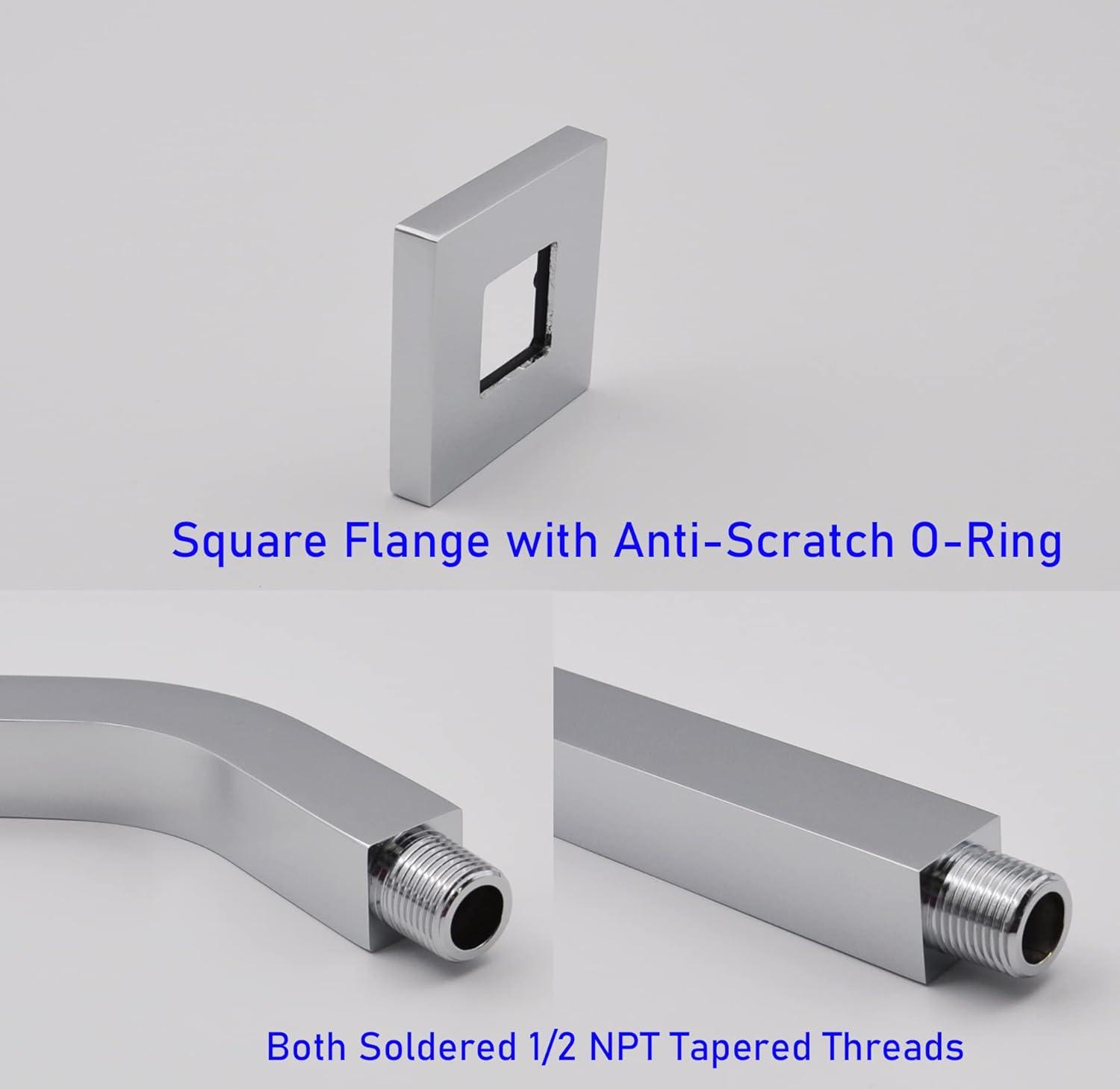 Aquaiaw Square Shower Arm and Anti-Scratch O-Ring Flange, 8 inch, Heavy-Duty Solid Brass, Both Soldered 1/2-14 NPT Tapered Threads, Wall Mount Shower Head Extension Arm (Polished Chrome)