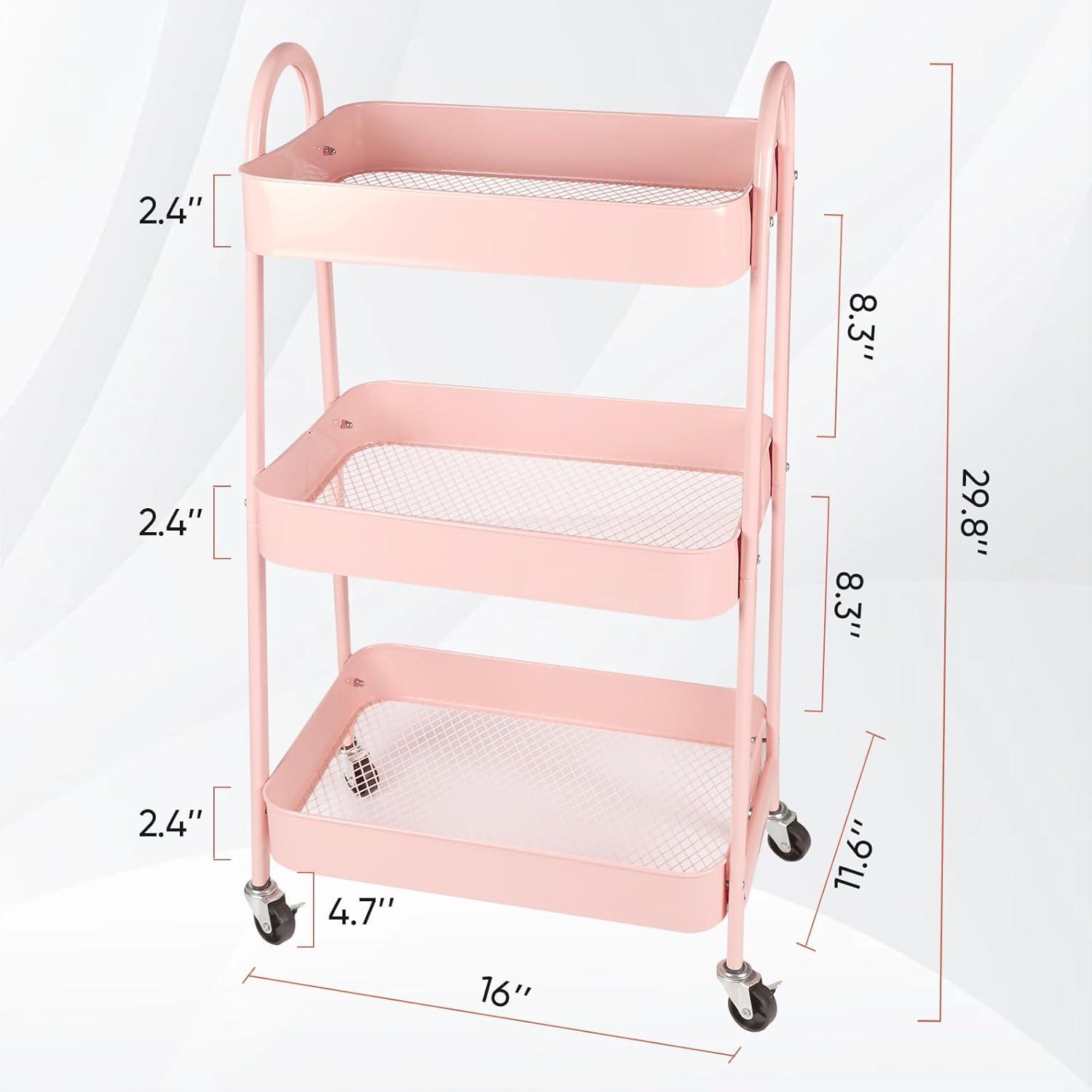 Pink 3-Tier Metal Rolling Kitchen Storage Cart with Wheels