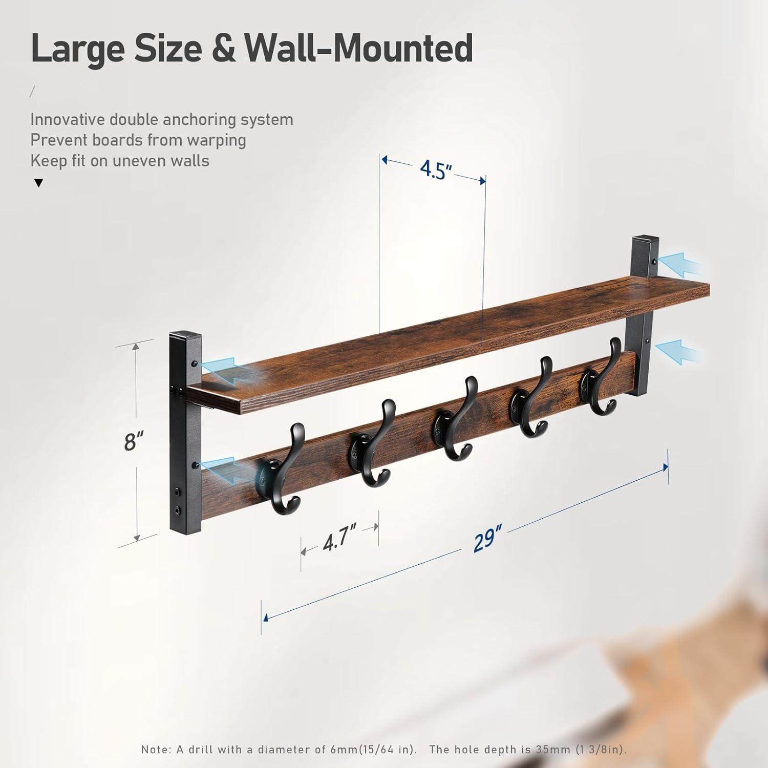 Rustic Brown and Black Wall Mounted Coat Rack with Shelf and 5 Hooks