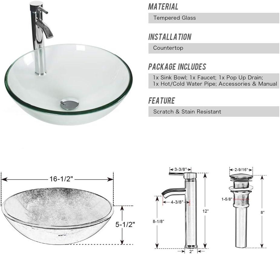 Eclife 16.5" Bathroom Vessel Sink Tempered Glass Round Basin Countertop Bowl Sink with Faucet Pop up Drain Clear