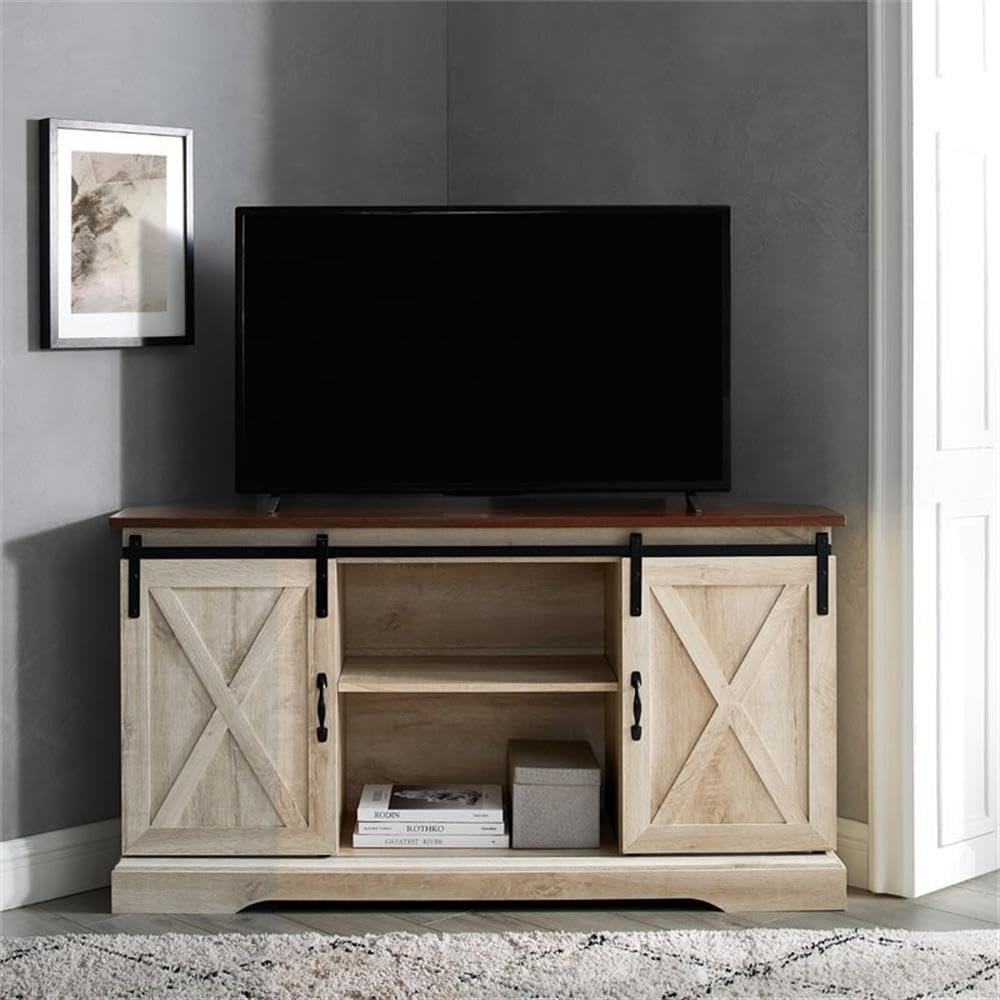 Traditional Brown and White Oak Corner TV Stand with Sliding Barn Doors