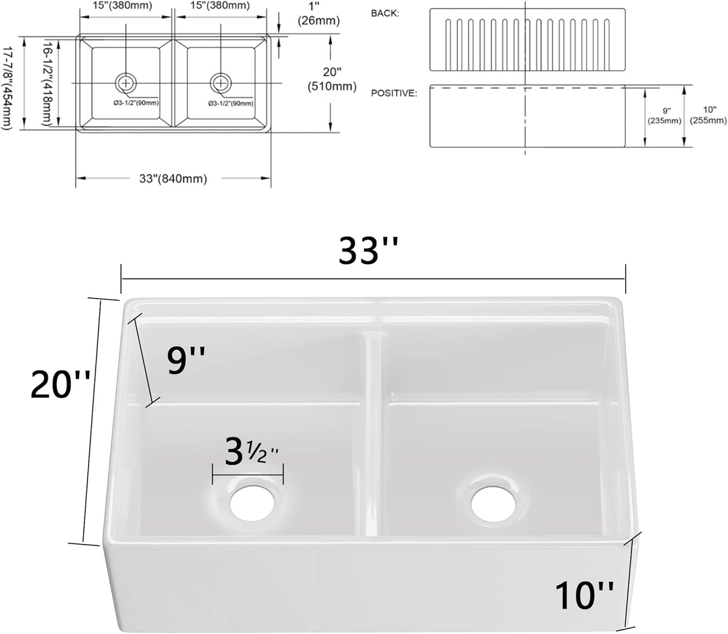 33X20 Inch White Farmhouse Sink Workstation Ceramic Single Bowl Farm Kitchen Sink White Ceramic