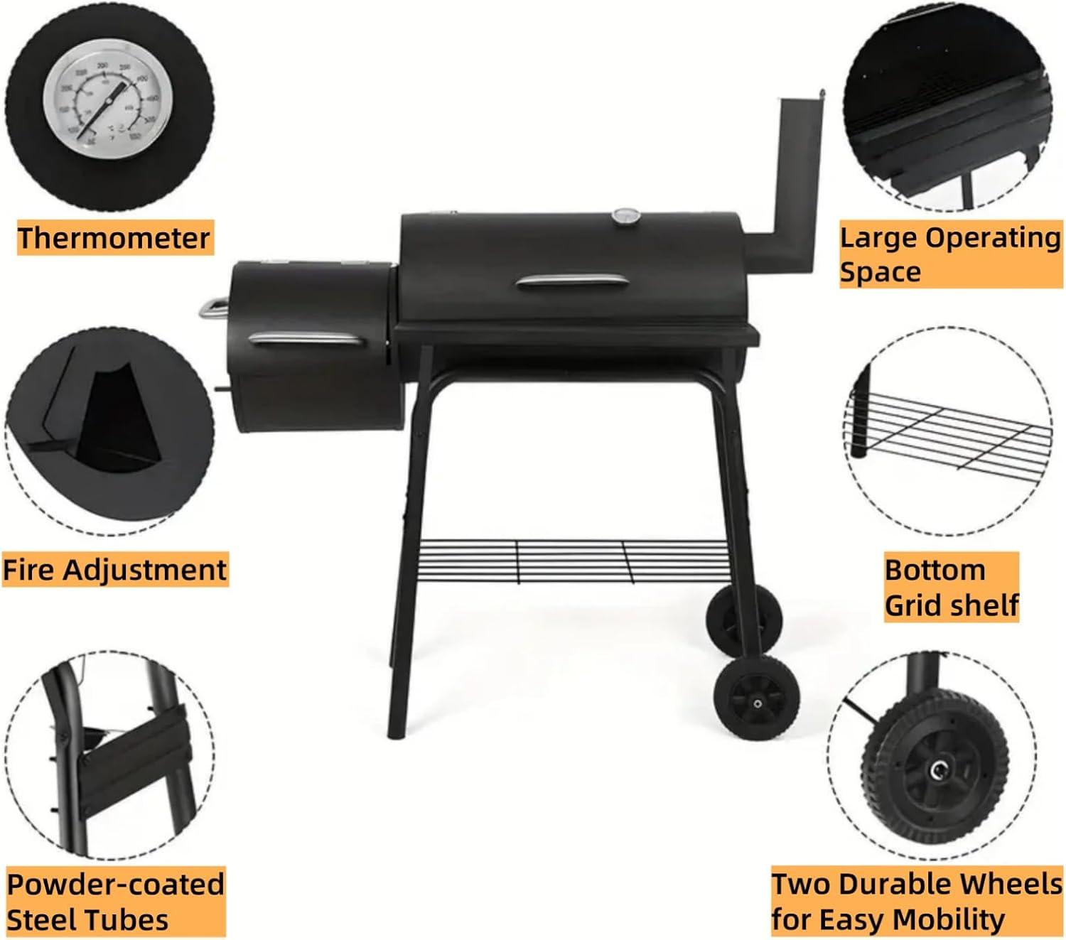 Heavy-Duty Black Charcoal Grill with Offset Smoker