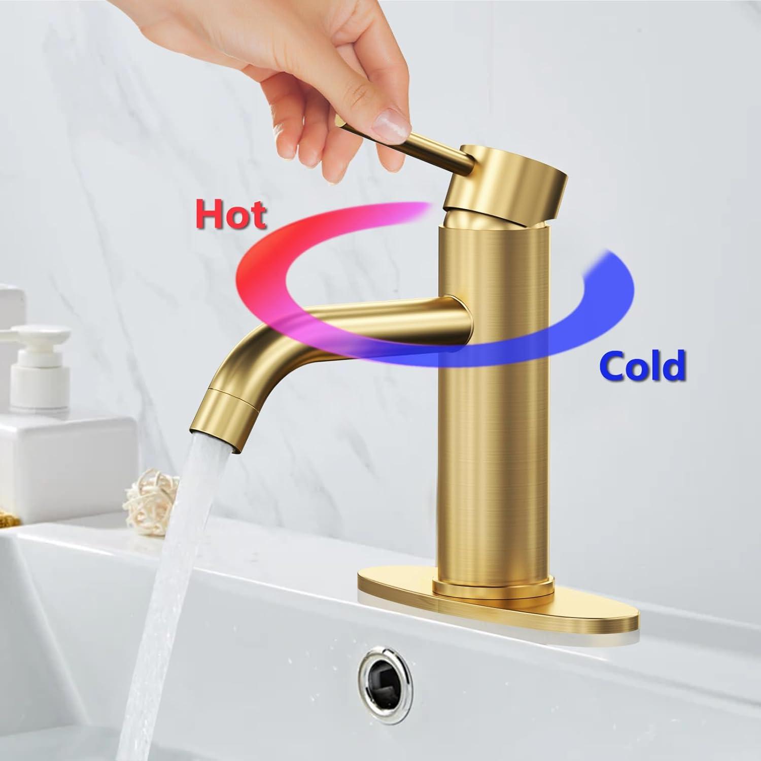 Brushed Gold Bathroom Faucet Gold Bathroom Sink Faucet Single Handle Gold Bathroom Faucet Modern Single Hole Faucet Bathroom with Pop-up Sink Drain Stopper & Deck Plate 1 or 3 Hole Bathroom Faucet