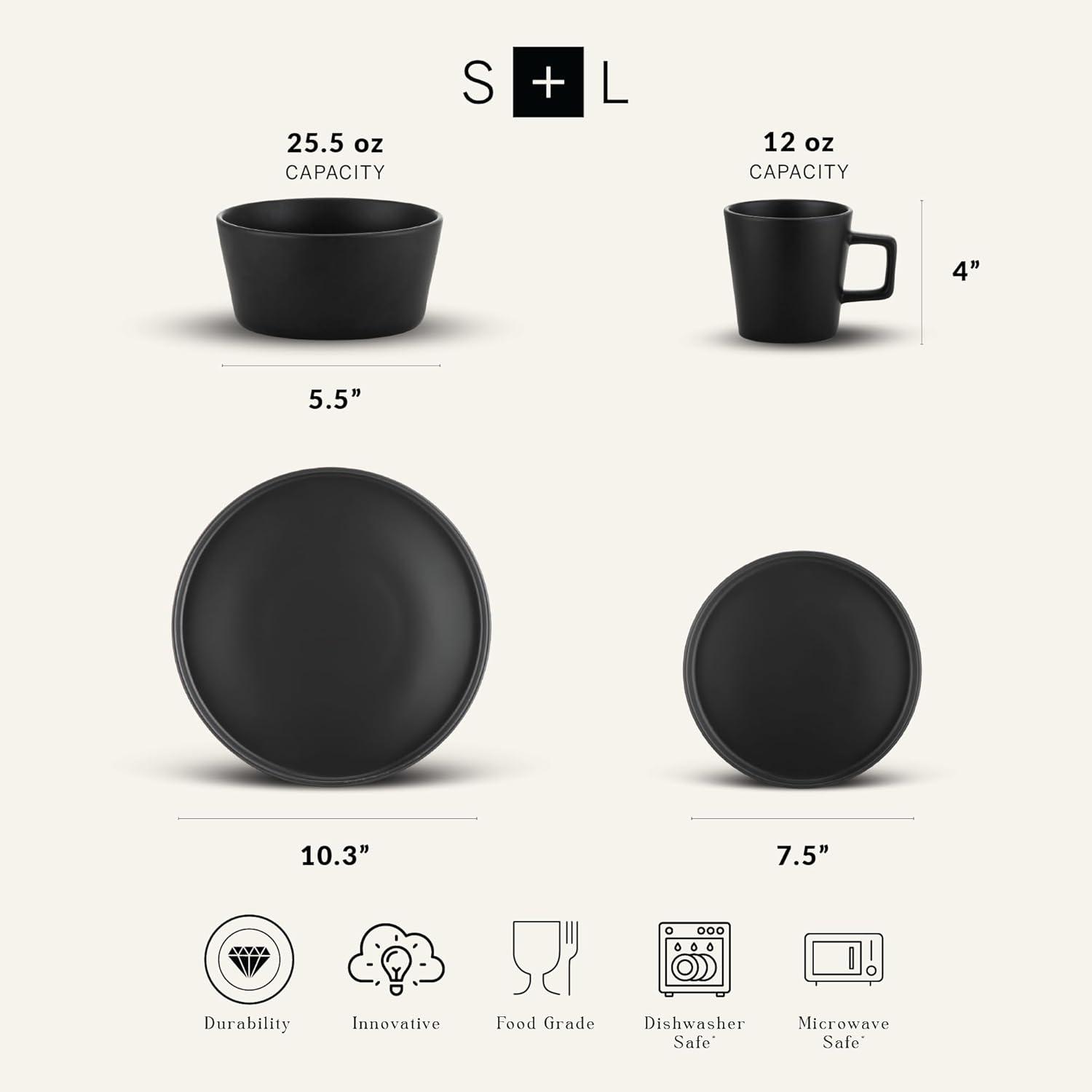 Stoneware Dinnerware Set 32-Pc Black Matte - Microwave & Dishwasher Safe for Daily Use & Entertaining | Durable, Chip-Resistant, Easy Clean Dishes