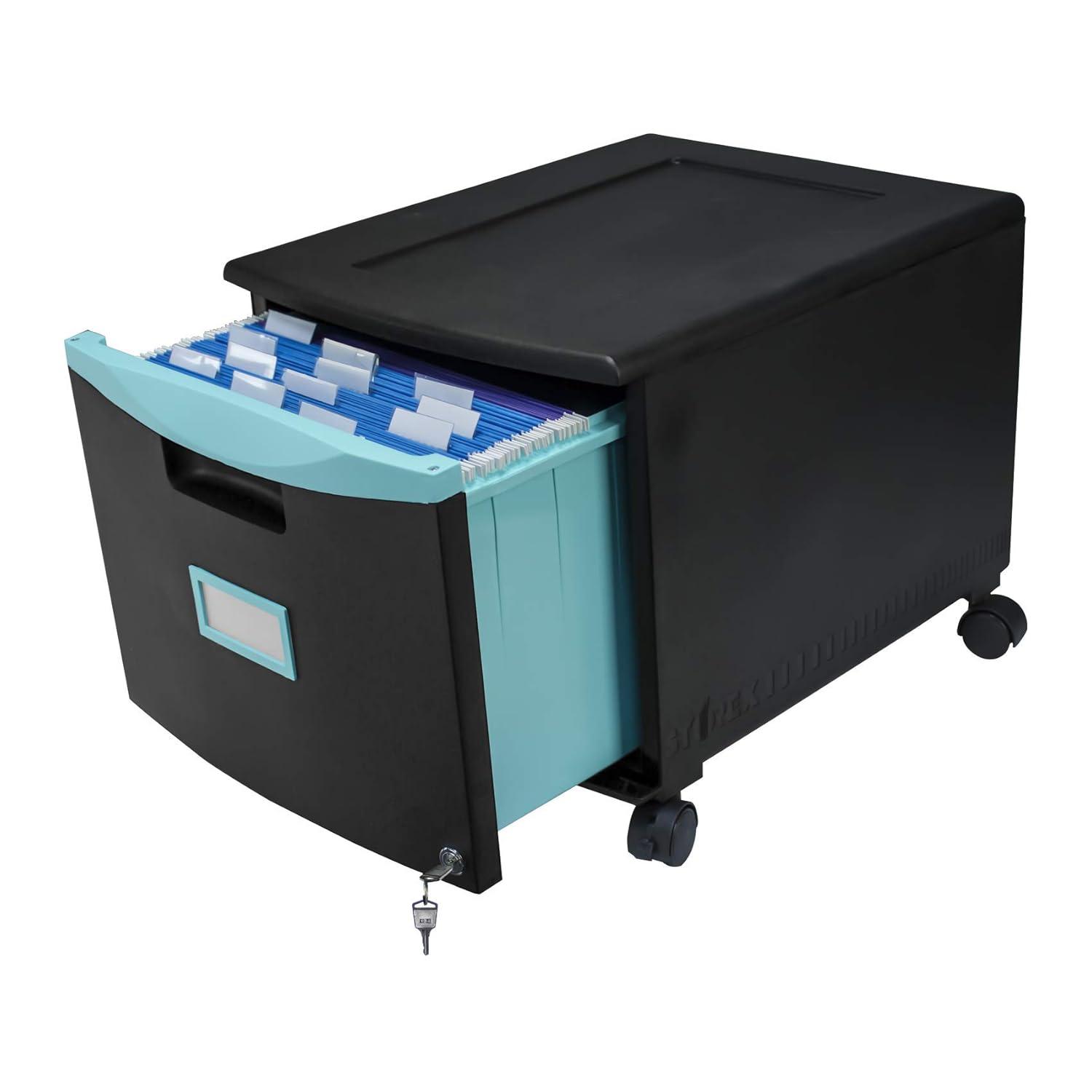 Storex Single-Drawer Mobile Filing Cabinet, 1 Legal/Letter-Size File Drawer, Black/Teal, 14.75" x 18.25" x 12.75"