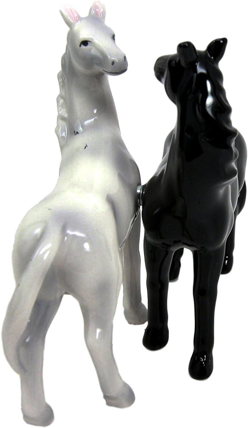Atlantic Collectibles Romantic Black and White Horses Ceramic Magnetic Salt Pepper Shakers Set Figurines