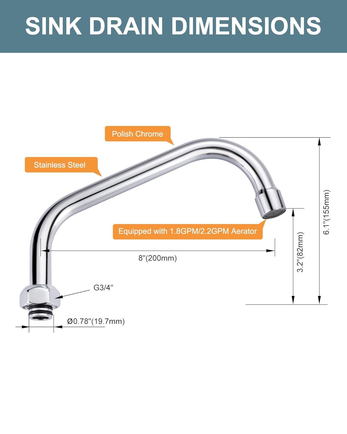 8" Faucet Swing Spout Replacement In Polished Chrome-G3/4 Internal Thread