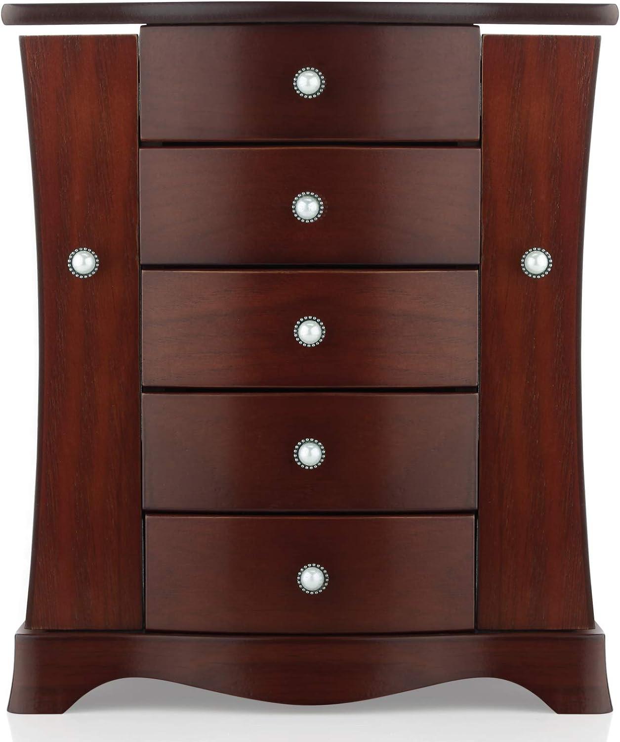 Rich Brown Solid Wood Jewelry Box with Pearl Handles