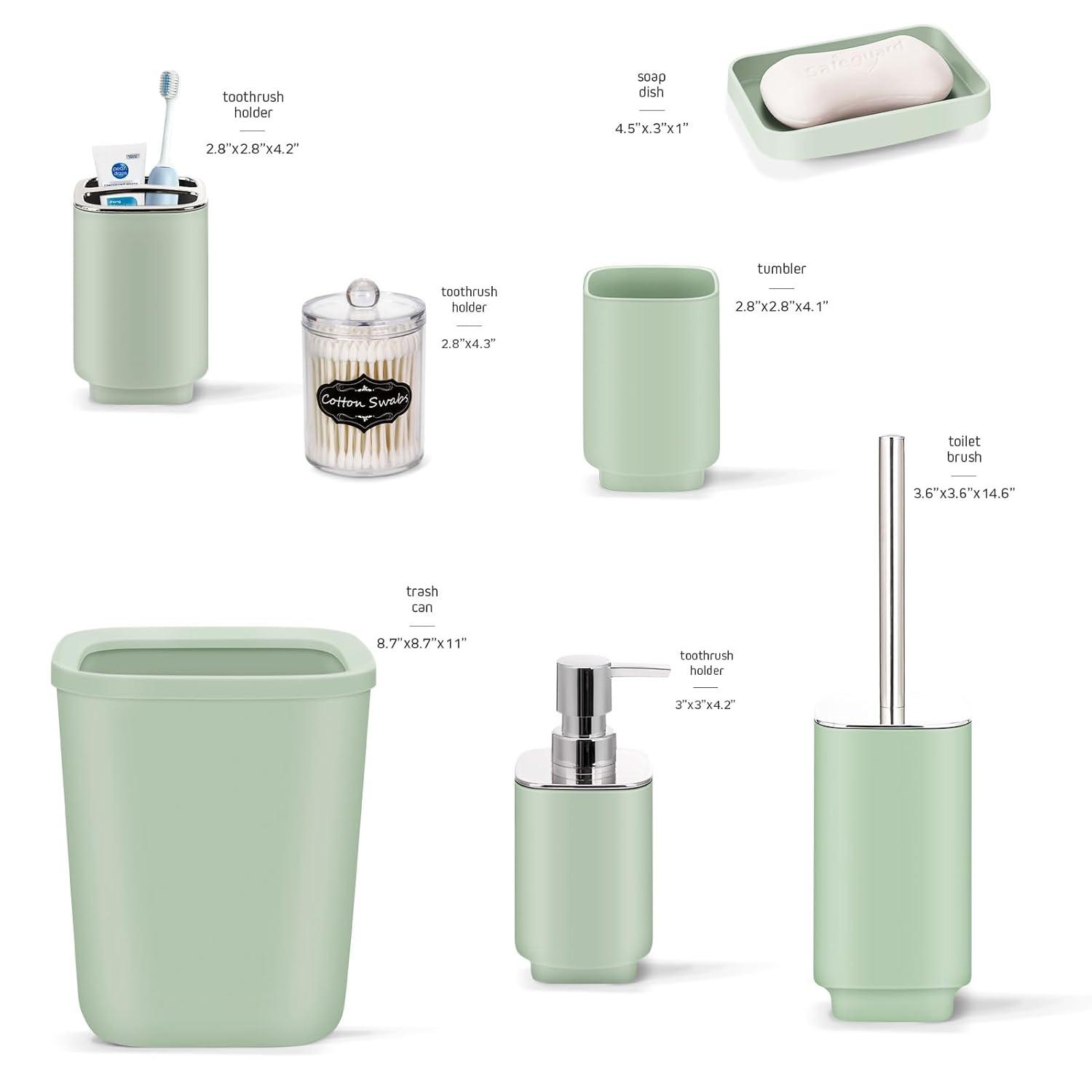 Green Plastic 9-Piece Bathroom Accessories Set with Labels