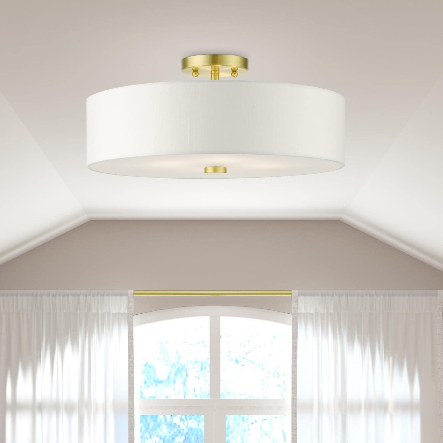 DAFANYA Lighting 51055-12 Meridian Collection 4-Light Semi Flush Mount Ceiling Light with Off-White Hardback Fabric Shade, Satin Brass, 18 x 18 x 8.13