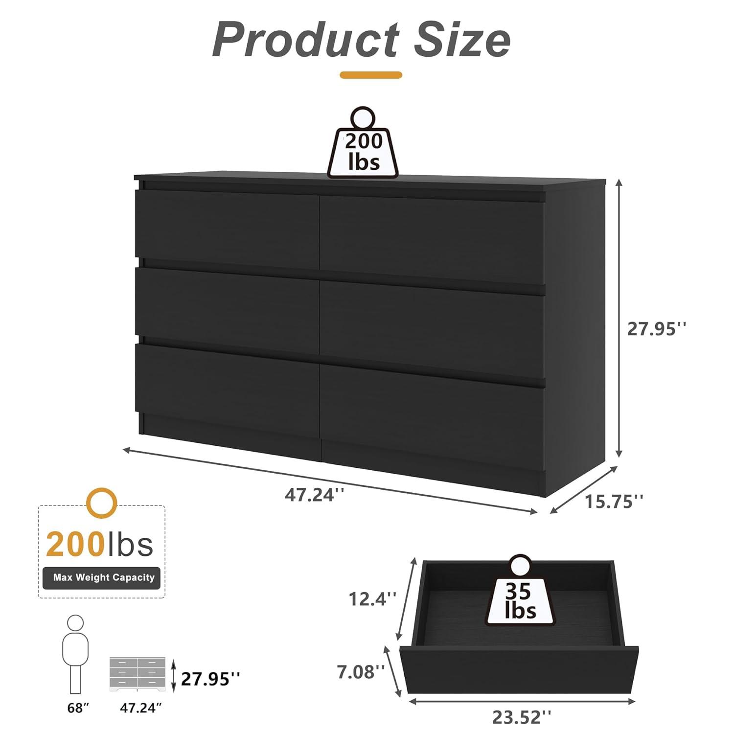 Hommoo 6 Drawer Double Dresser for Bedroom Black