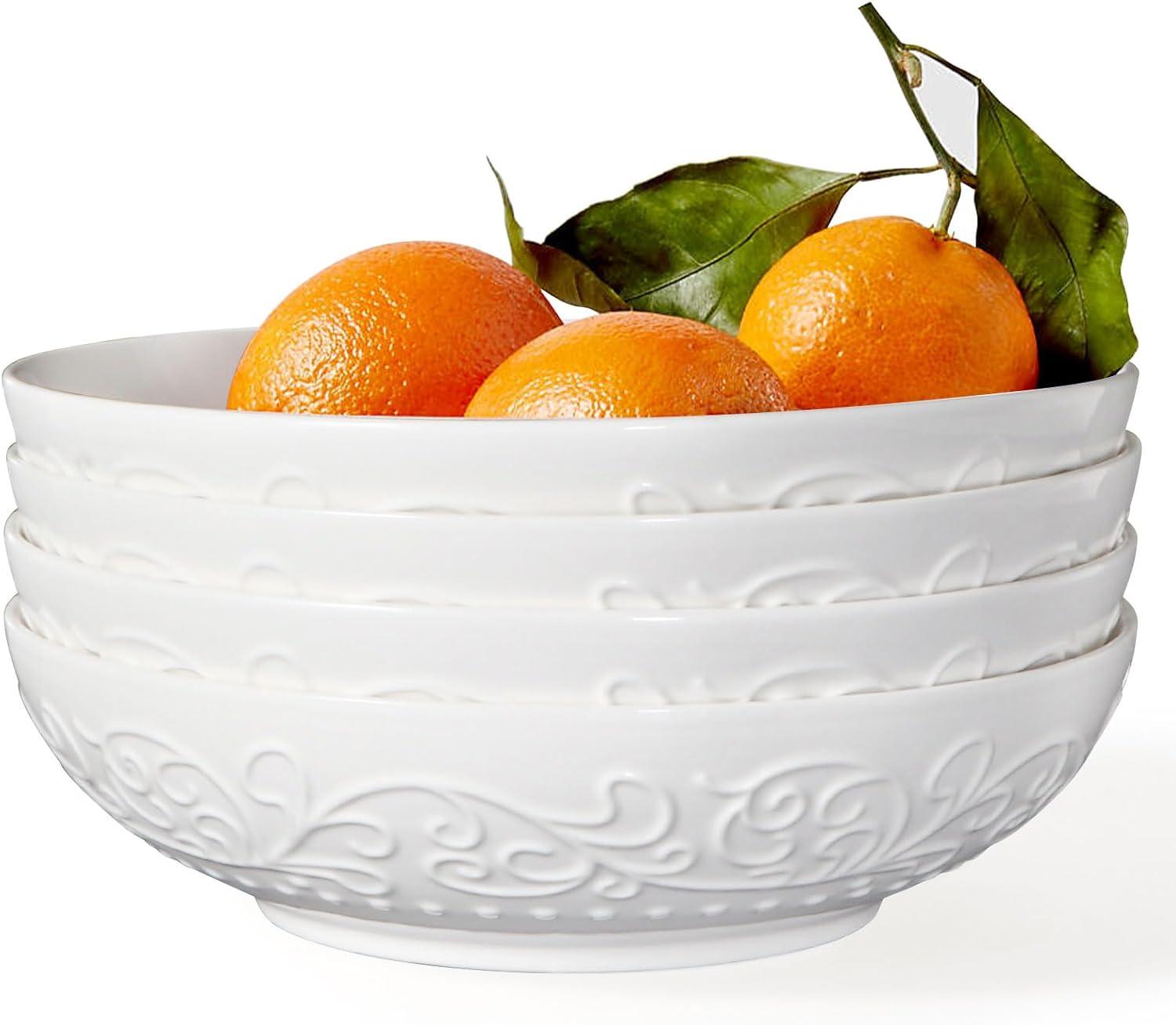 White Embossed Ceramic 32oz Salad and Pasta Bowls, Set of 4