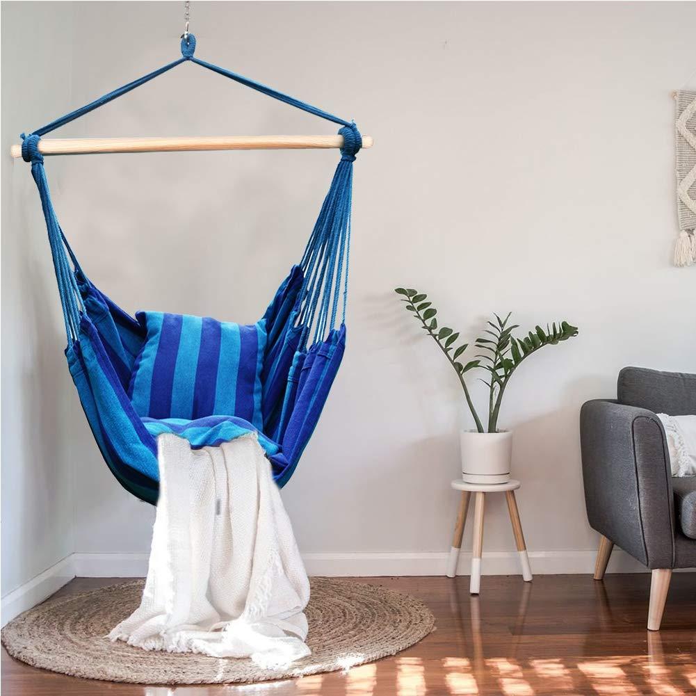 Blissun Hanging Hammock Chair, Hanging Swing Chair with Two Cushions, 34 Inch Wide Seat Blue & Green Stripes (Seaside Stripe)