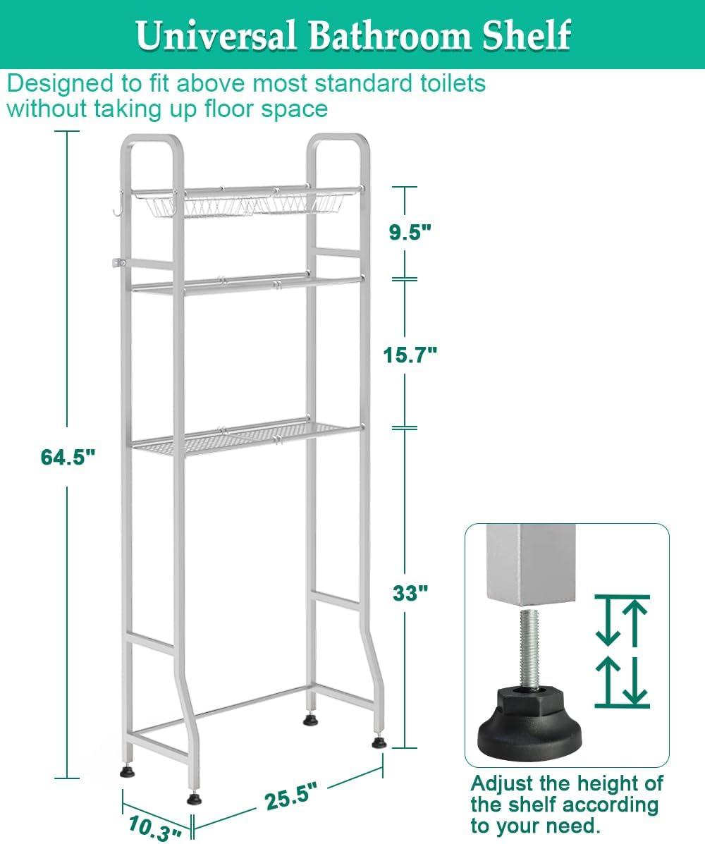 Over The Toilet Storage Shelf For Bathroom, 3-Tier Above Toilet Rack Bathroom Organizer With Adjustable Shelves And Hanging Hooks, Easy To Assemble & Space Saving, White