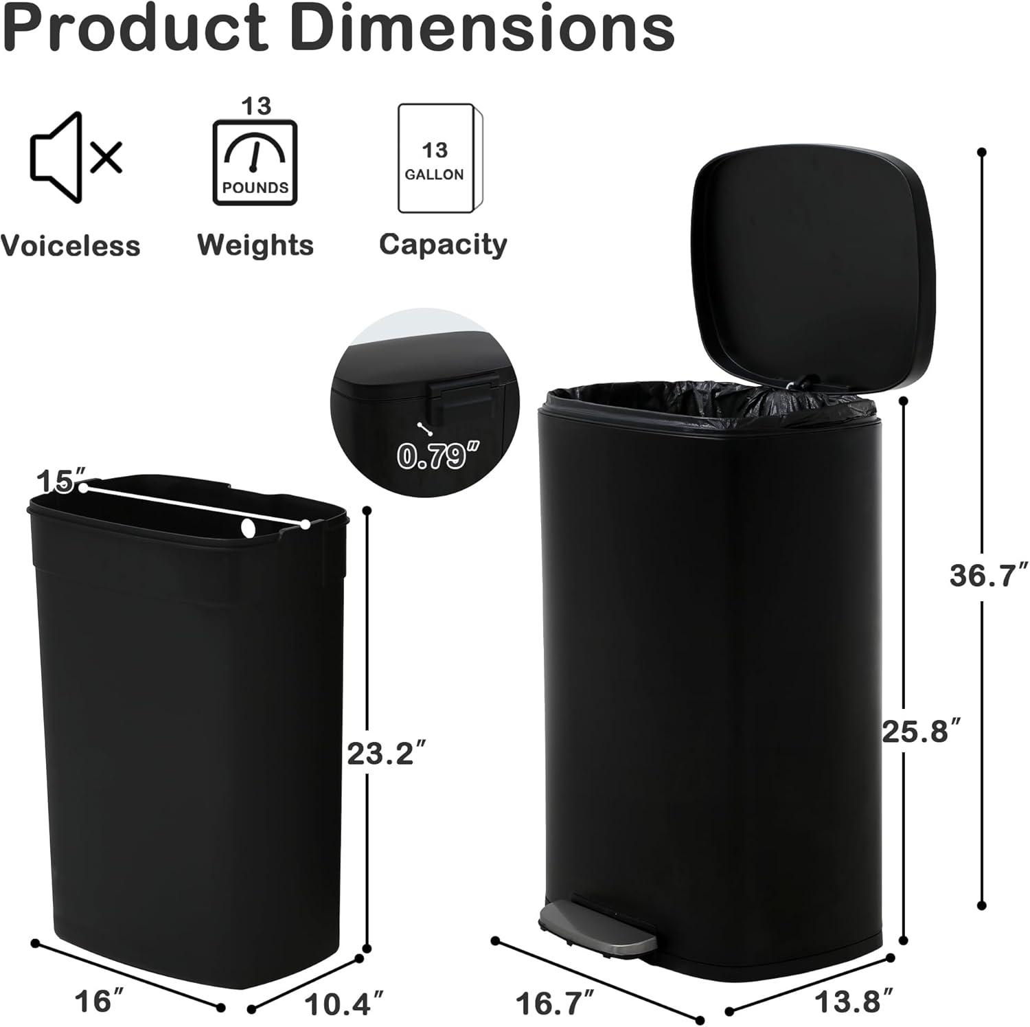 CL.HPAHKL 50 Liter / 13 Gallon Kitchen Trash Can, Stainless Steel with Lid, Foot Pedal and Inner Bucket, Fingerprint-Resistant Soft Close Lid Garbage Can, Odor Proof and Hygienic （Black)