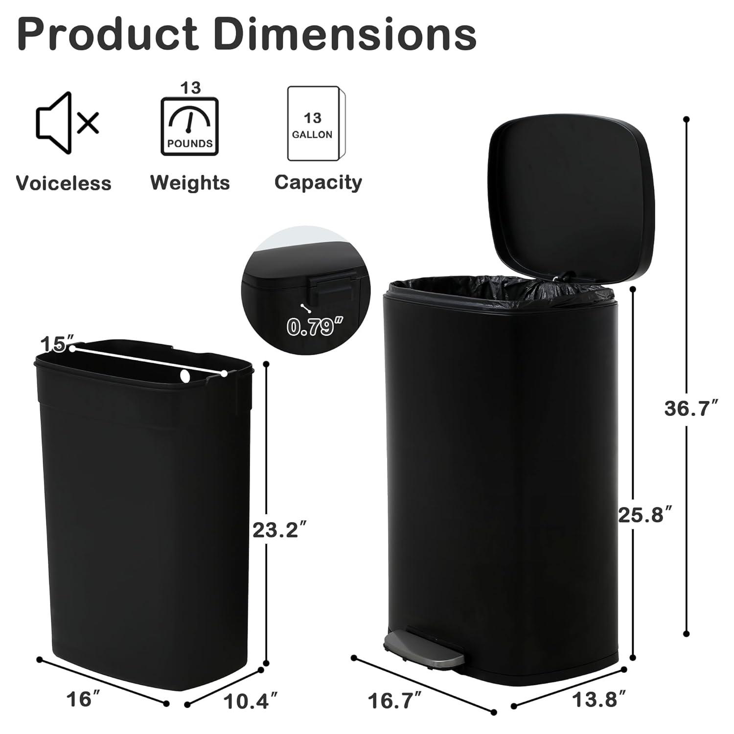 CL.HPAHKL 13 Gallon (50L)Trash Can ,Kitchen Trash Can, Stainless Steel with Lid, Foot Pedal and Inner Bucket, Fingerprint-Resistant Soft Close Lid Garbage Can, Pedal Rubbish Bin for Home Office