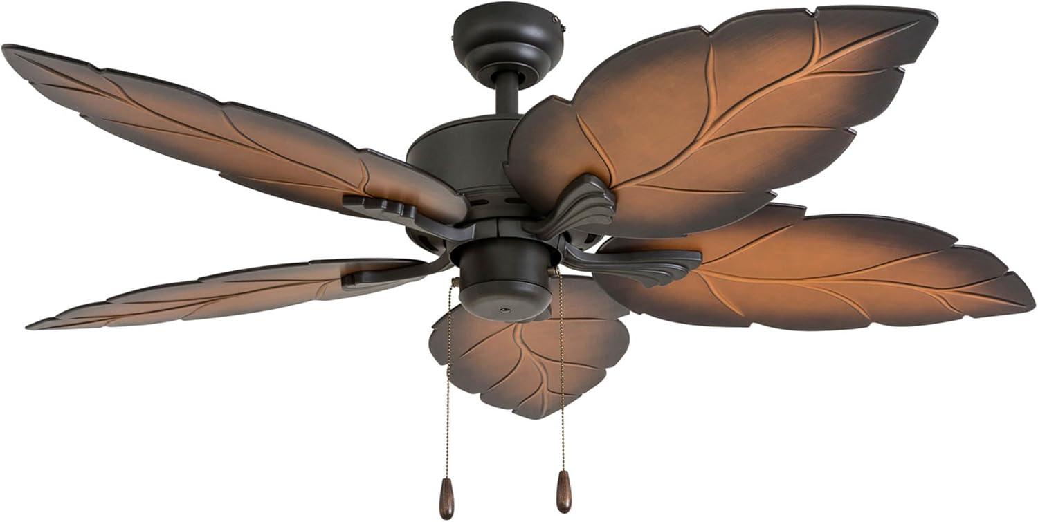 52" Bronze Tropical Ceiling Fan with Palm Leaf Blades and LED Light