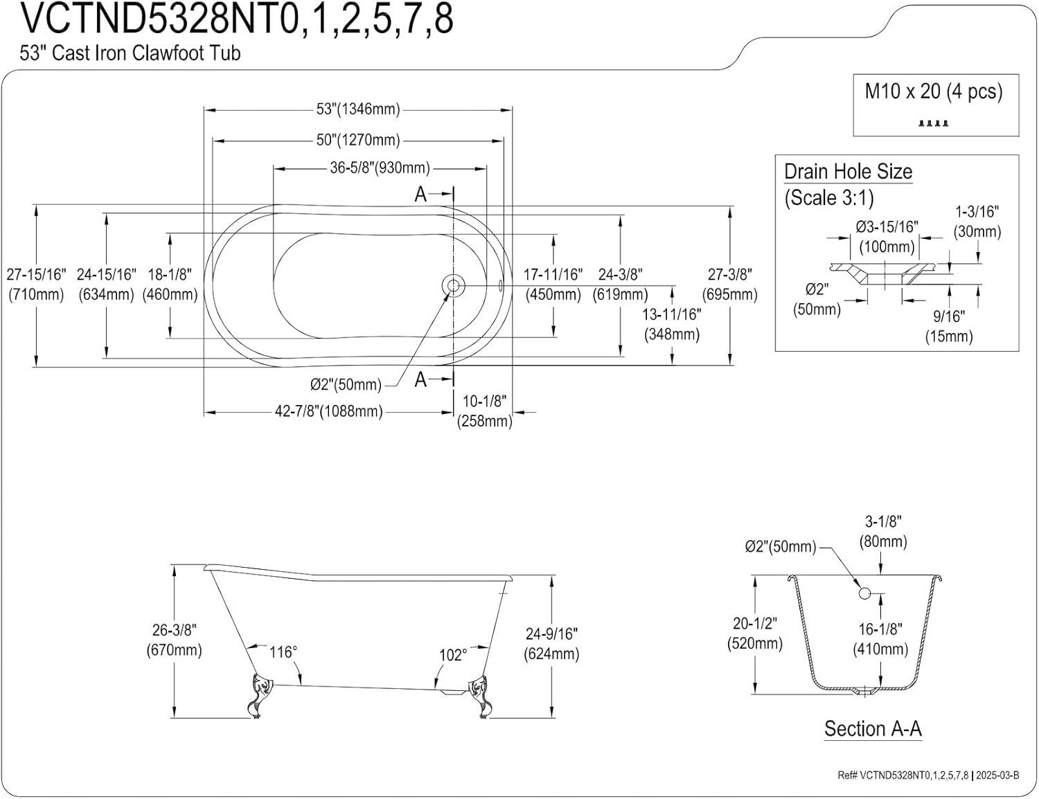Kingston Brass Aqua Eden 53-Inch Cast Iron Oval Single Slipper Clawfoot Tub (No Faucet Drillings)