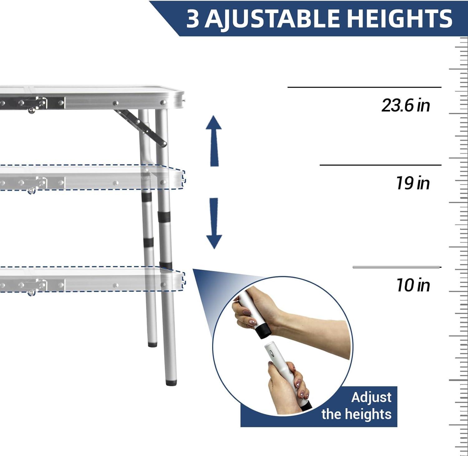 Small Folding Table 2FT Lightweight Portable Aluminum Camping Table for Picnic and Camping Mini Foldable with Adjustable Extended Height,Silver