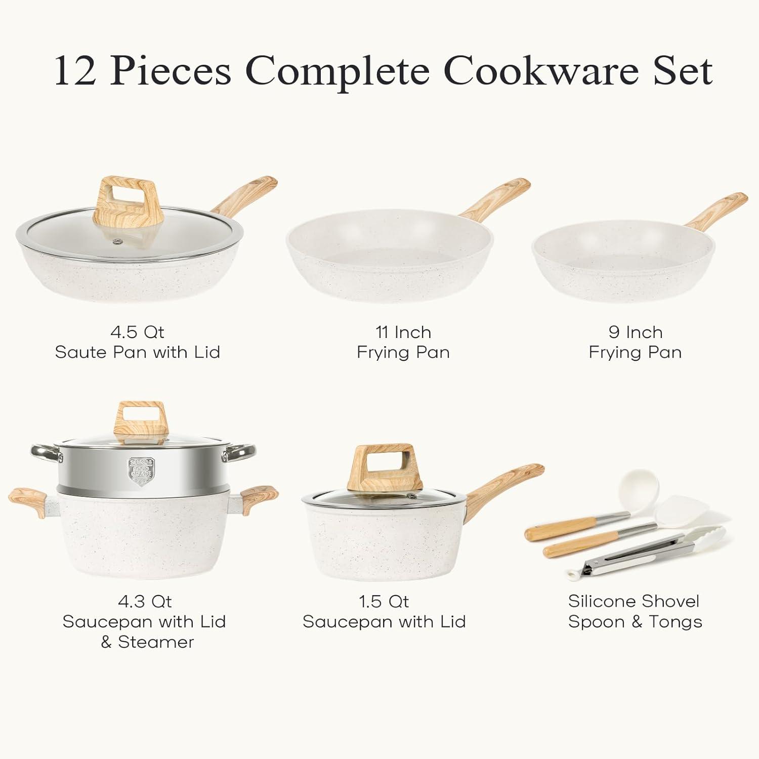 12-Piece White Granite Nonstick Aluminum Cookware Set