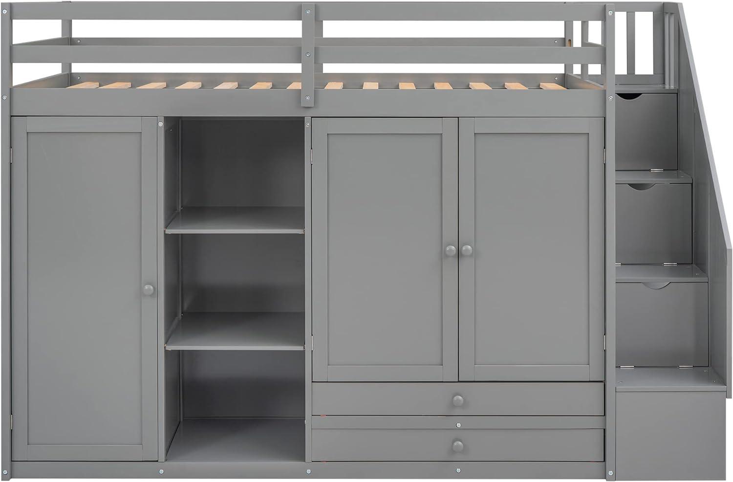 Harper & Bright Designs Twin Size Loft Bed w/ Storage Staircase & 2 Wardrobes, Kids Twin Loft Bed w/ 2 Drawers & 3 Shelves, Wood Loft Bed Frame for Kids Teens, No Box Spring Needed (Loft Twin, Gray)