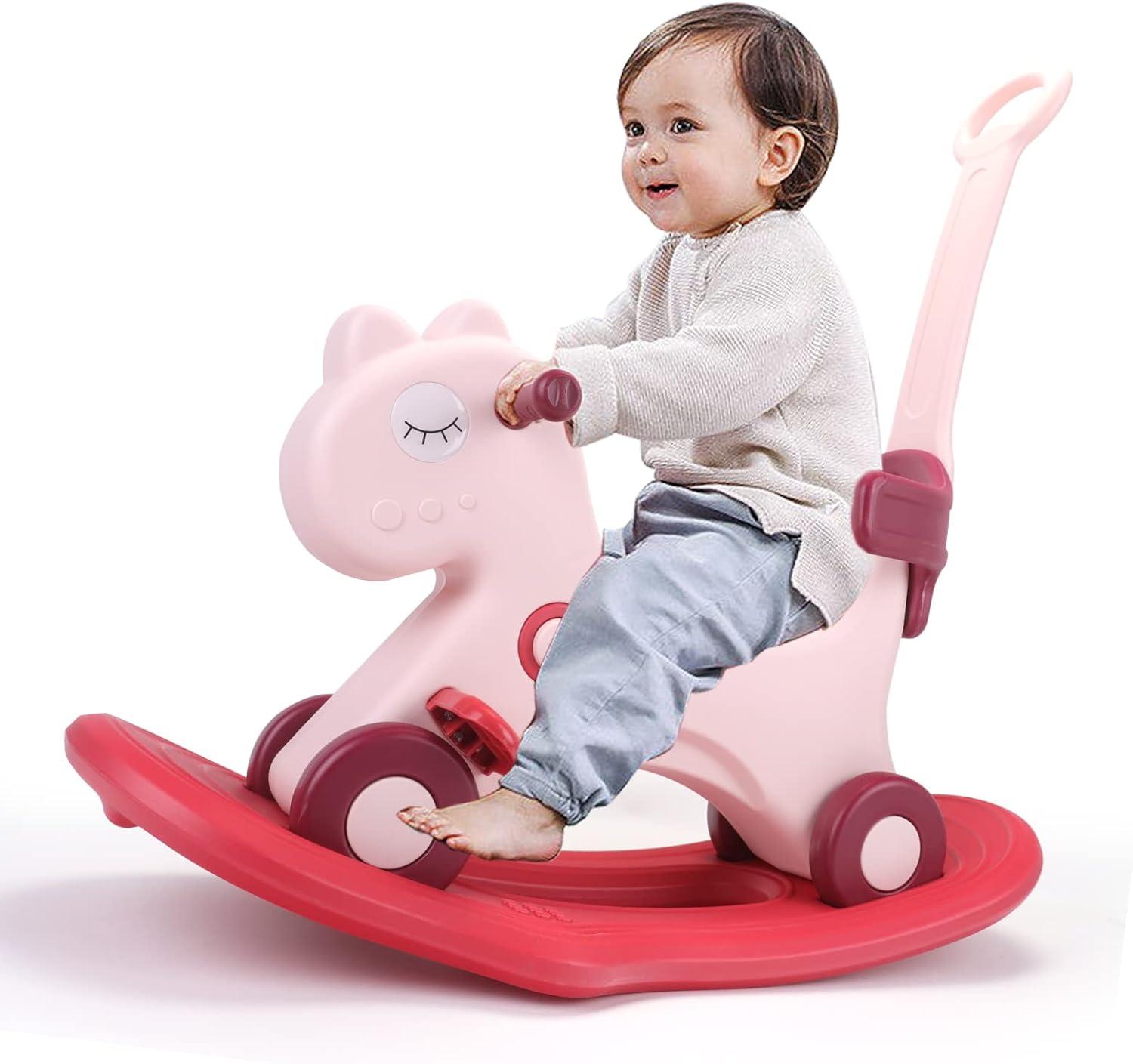 4 in 1 Rocking Horse for Toddlers 1-3 Years Old, Baby Rocking Toy Fun Birthday Gift for 1+ Girls, Ride on Toy with Detachable Balance Board and Footrest,Balance Bike with Push Handle,Pink