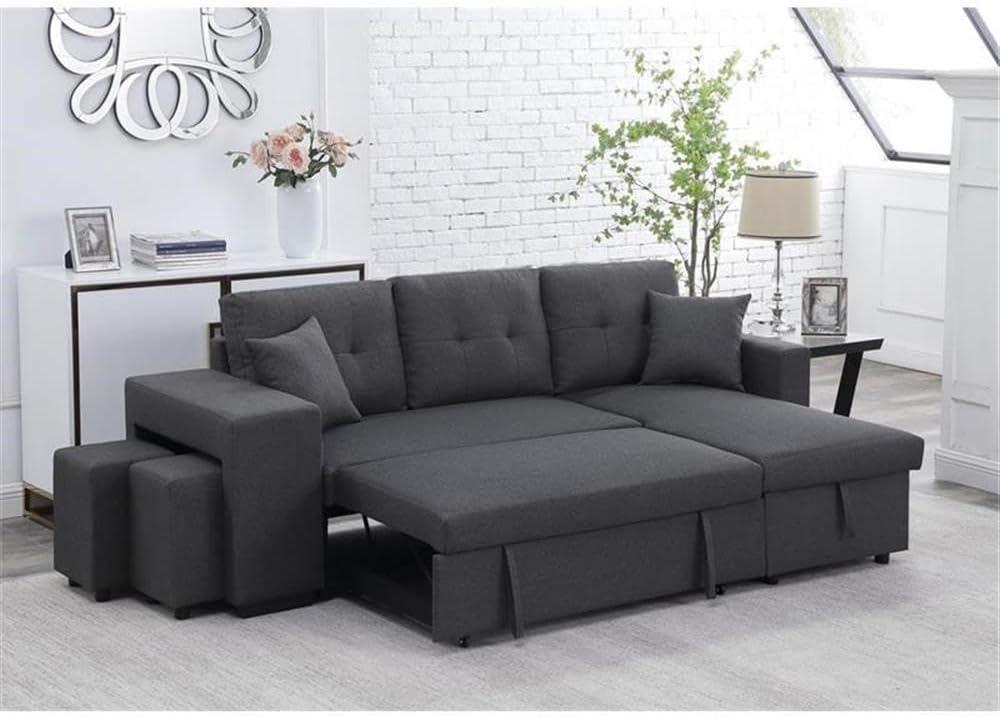 Lilola Home Linen Reversible Sleeper Sectional Sofa with Chaise Stools, Gray