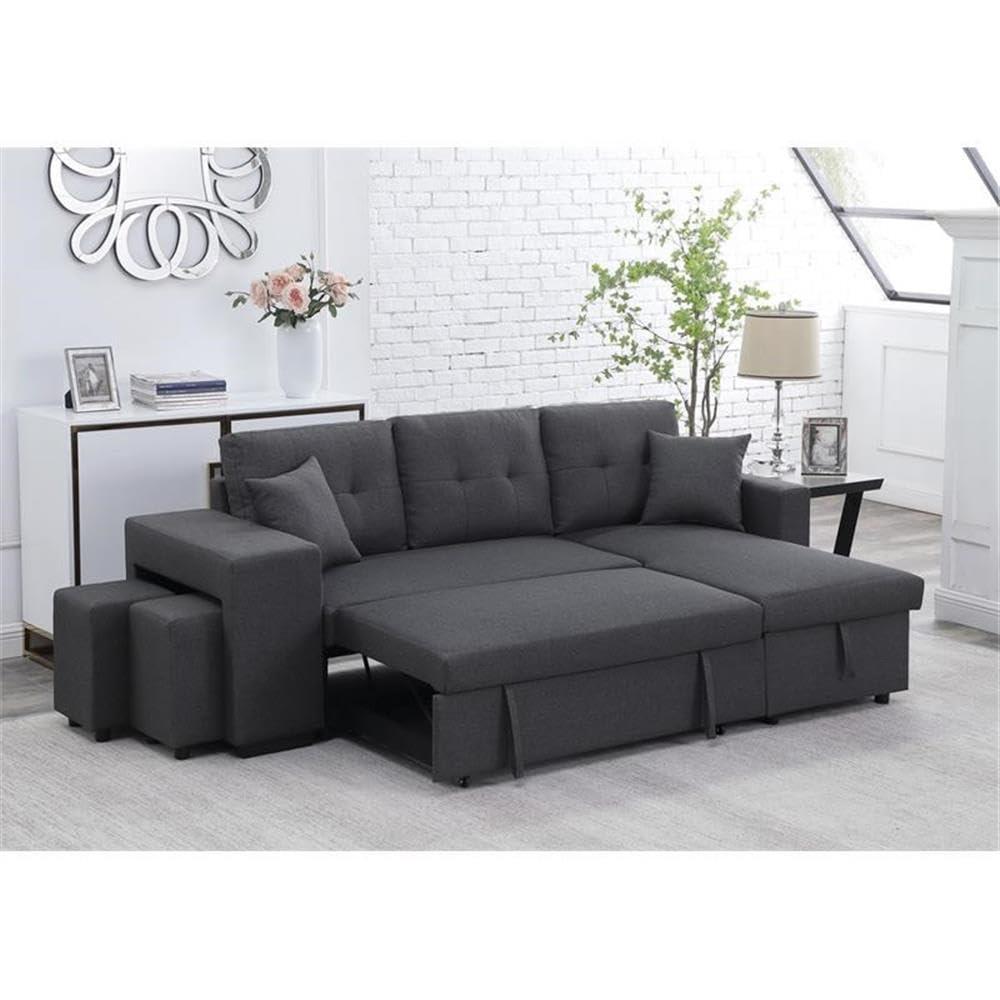 Lilola Home Linen Reversible Sleeper Sectional Sofa with Chaise Stools, Gray