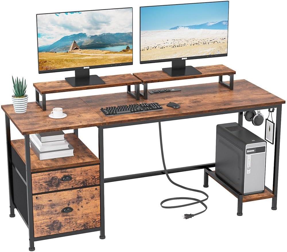 Rustic Brown Computer Desk with Drawer and Power Outlets