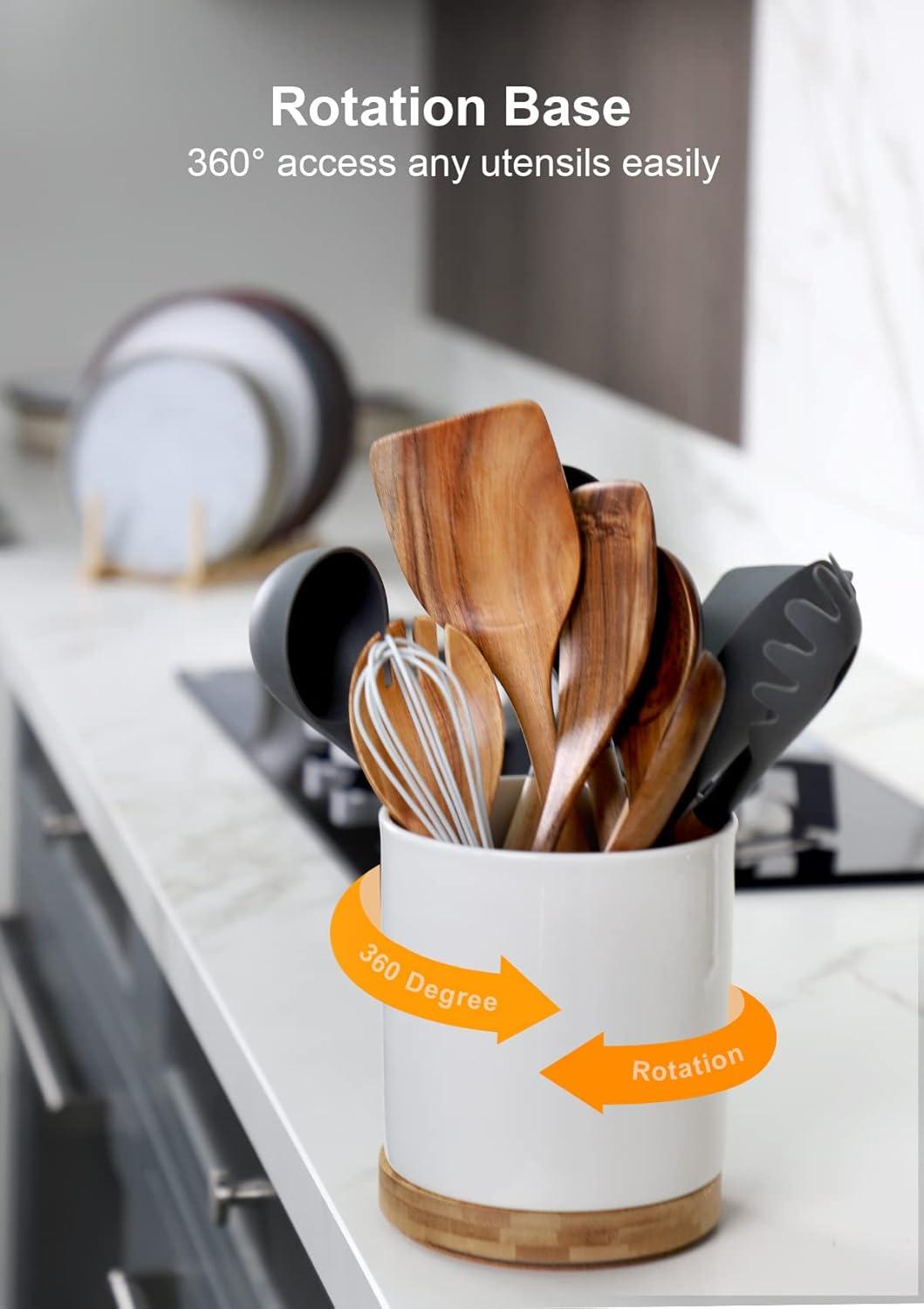 White Ceramic Rotating Utensil Holder with Cork Bottom