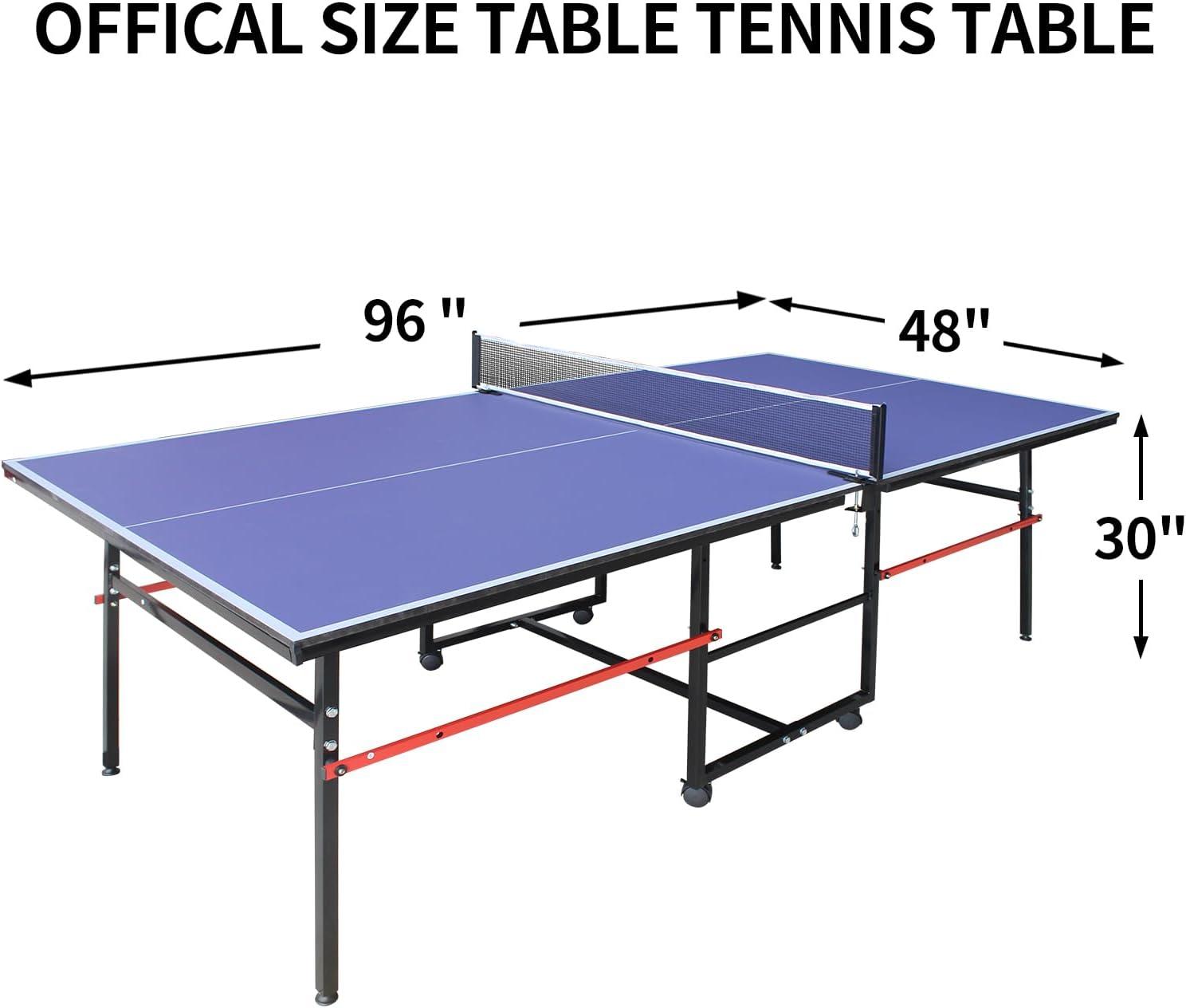 8FT Mid-Size Table Tennis Table, Foldable & Portable Ping Pong Table Set for Indoor & Outdoor Games with Net, 2 Table Tennis Paddles and 3 Balls, Blue+Black