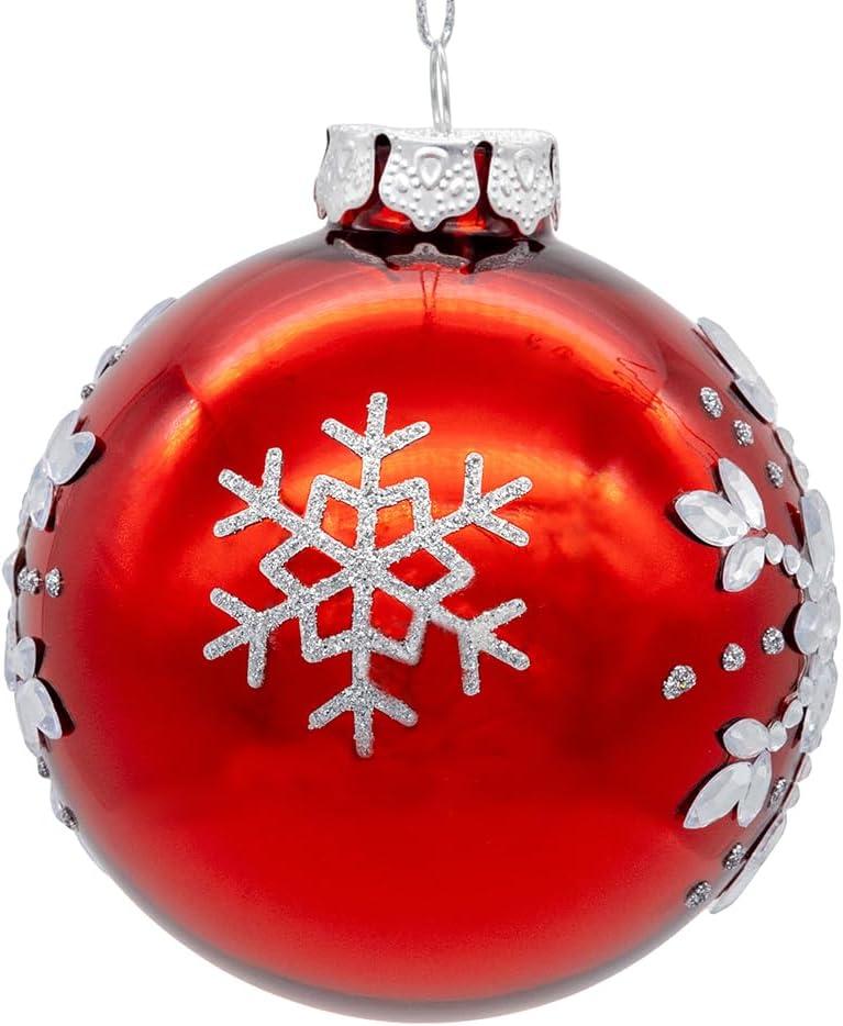 Kurt Adler 80MM Glass Shiny Red With Silver Snowflake Ball 6-Piece Ornament Set