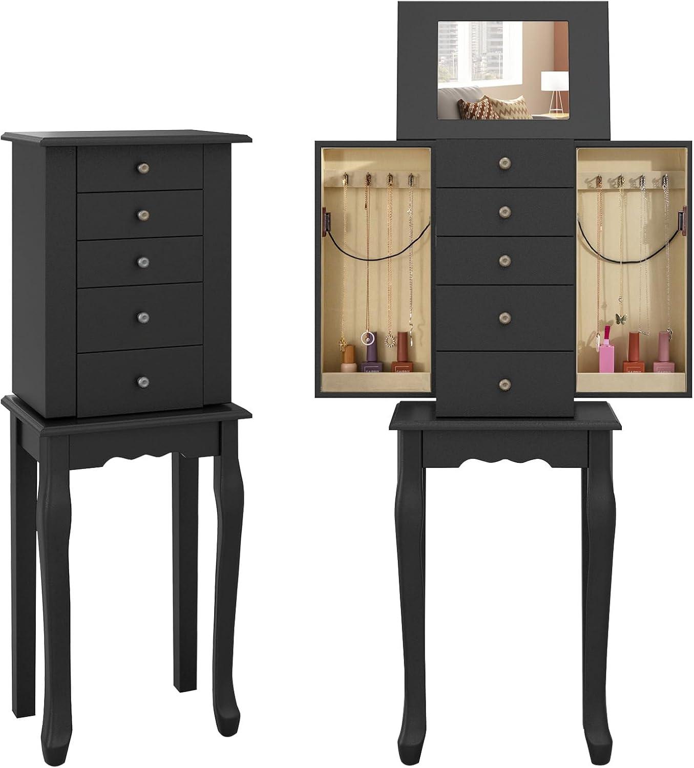 Giantex Jewelry Cabinet Armoire with Top Mirror, 5 Drawers, 2 Swing Doors, Wooden Jewelry Treasure Storage Chest with Large Storage, Standing Jewelry Organizer (Black)