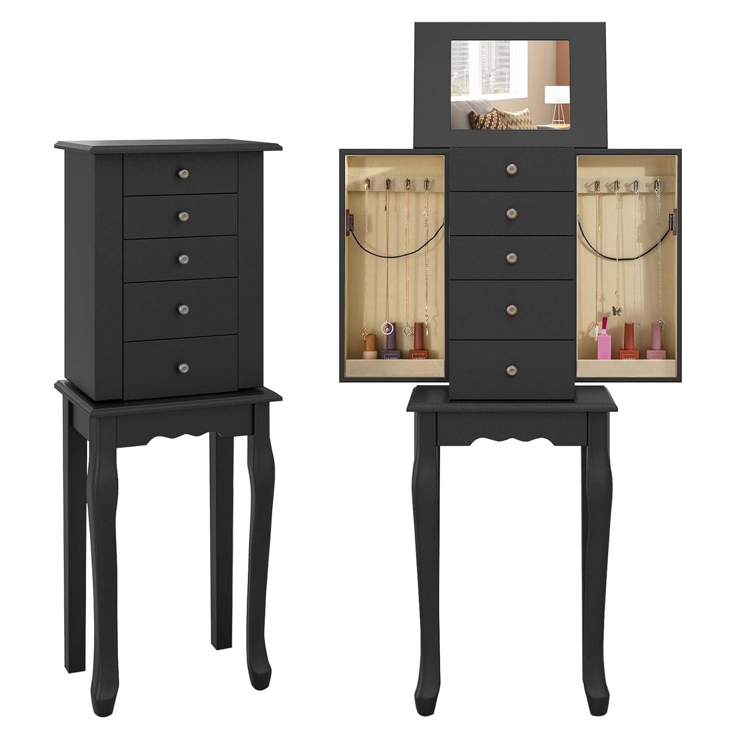 Giantex Jewelry Cabinet Armoire with Top Mirror, 5 Drawers, 2 Swing Doors, Wooden Jewelry Treasure Storage Chest with Large Storage, Standing Jewelry Organizer (Black)