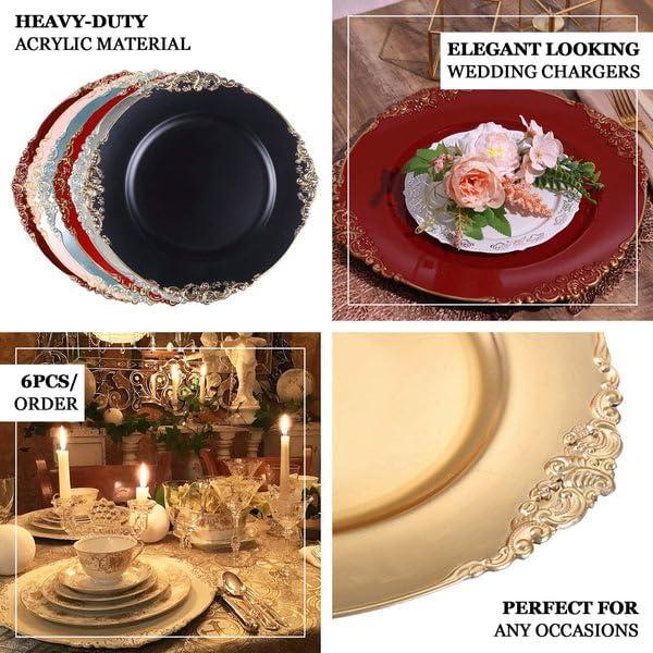 Efavormart 6 Pack Clear Gold 13" Round Baroque Charger Plates Leaf Embossed Rim for Tabletop Decor Catering Event Decoration