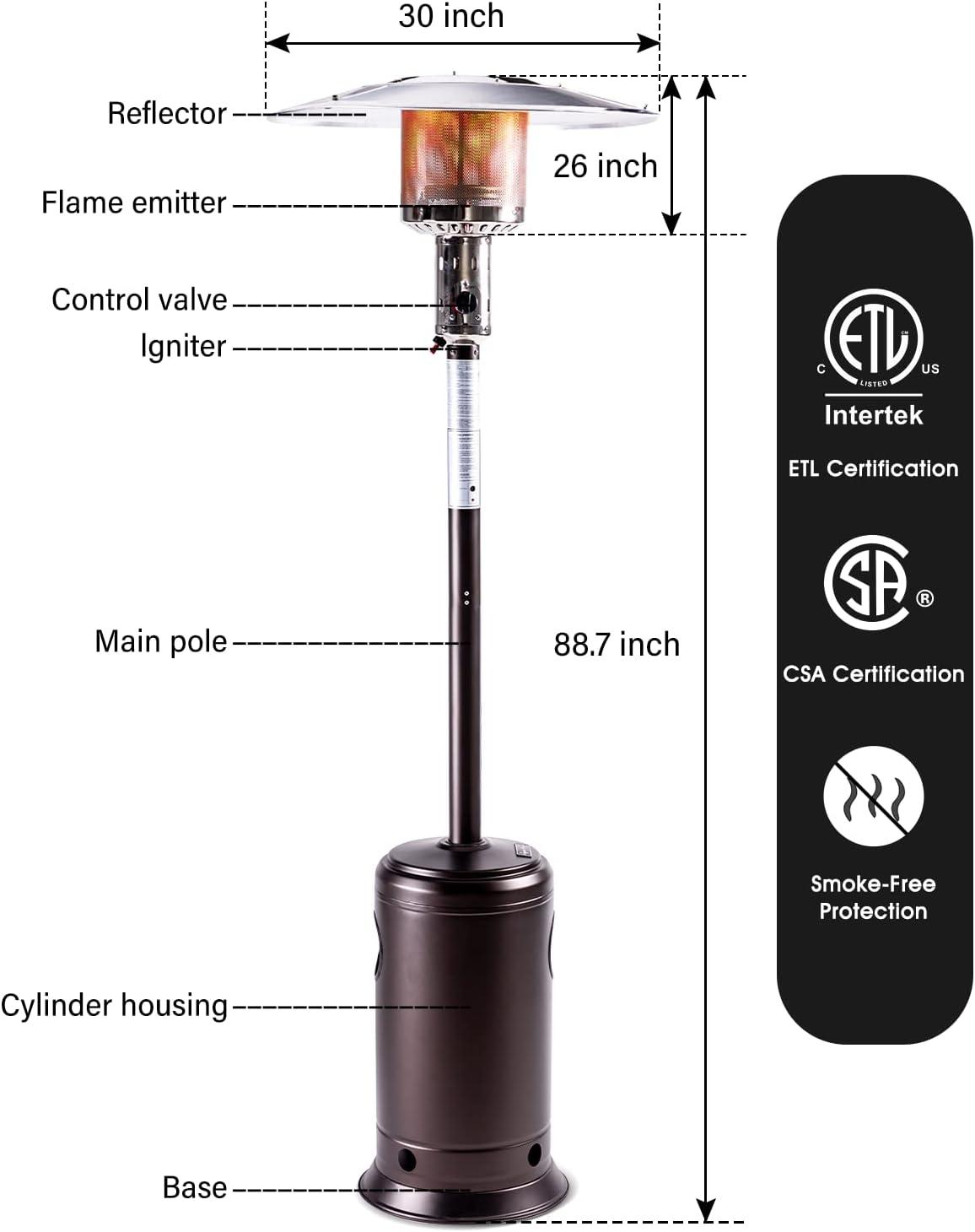 Mocha Powder Coated Propane Patio Heater with Safety Shutoff