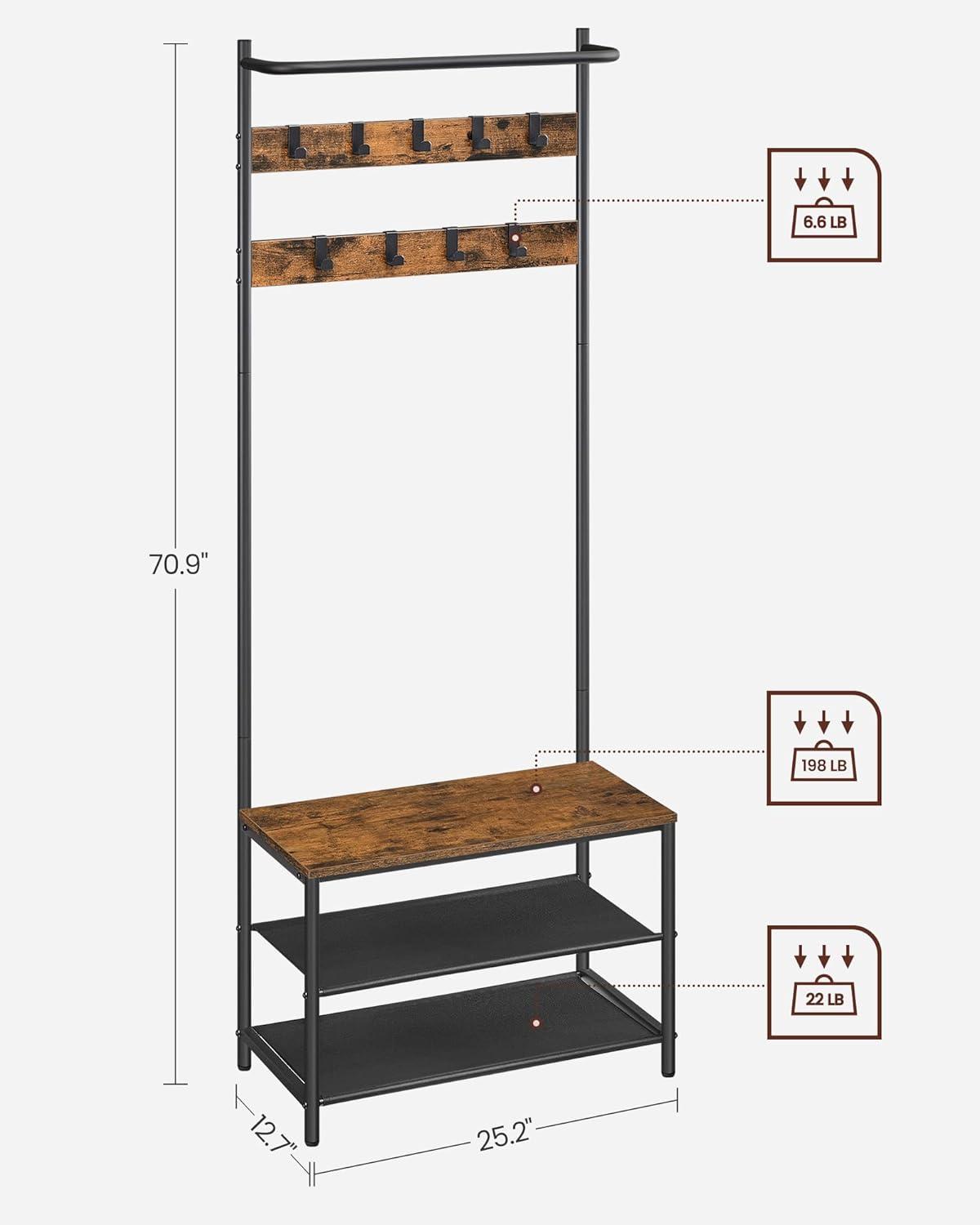 VASAGLE Hall Tree with Bench and Shoe Storage, Entryway Bench with Coat Rack Stand and Shoe Rack, 9 Movable Hooks, Top Bar, Fabric Shelves, Industrial, Rustic Brown and Black UHSR411B01