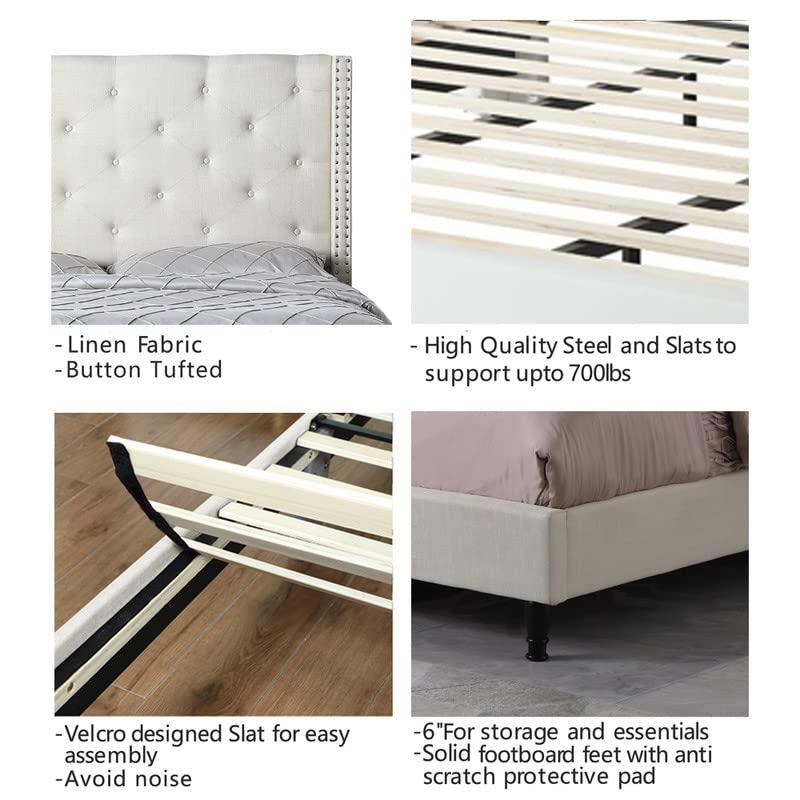 Oliver and Smith Full Upholstered Platform Bed Frame Light Beige - 51 Inch Tall Button Tufted Headboard - Soft Linen Fabric Wood Slats - Modern Fabric Design - Easy Assembly (ASTOR)