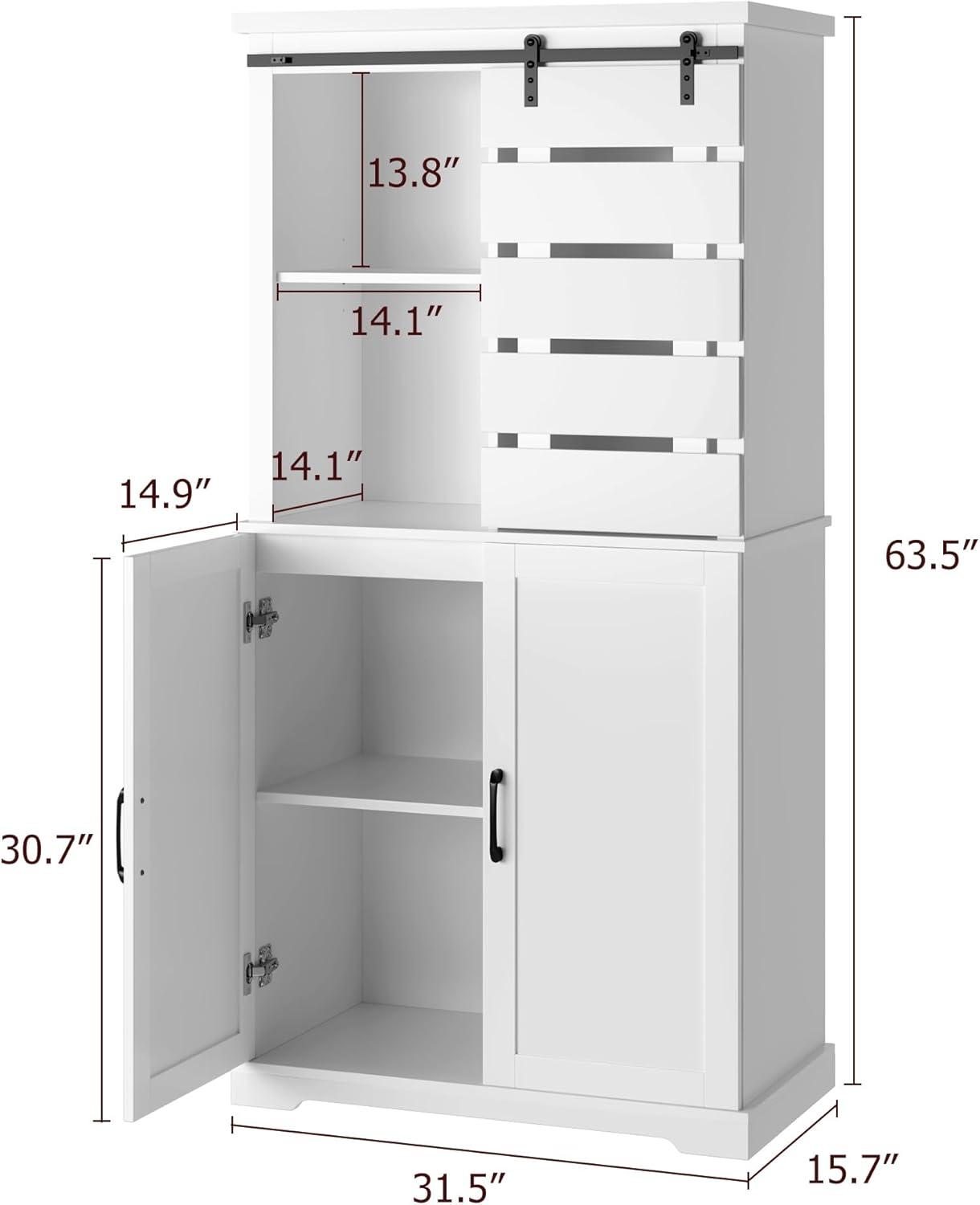 Tall Kitchen Pantry, Large Wood Storage Cabinet with Sliding Barn Door and Adjustable Shelves, Tall Freestanding Cupboard for Dining Room, Living Room, Laundry, White