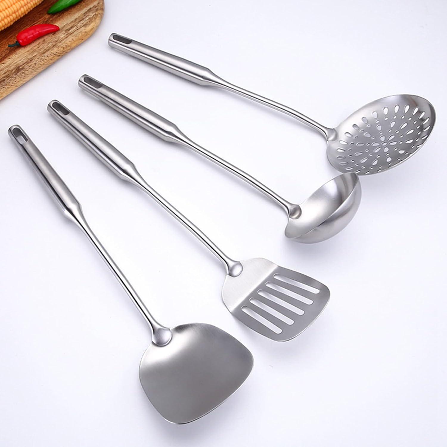 Cooking Utensils Set Stainless Steel Kitchen Metal Serving Utensils Set of 6 Pcs-Wok Spatula Ladle Set, Skimmer Slotted Spoon, Pasta Spoon, Serving Spoon, Slotted Spatula Tunner,Dishwasher Safe