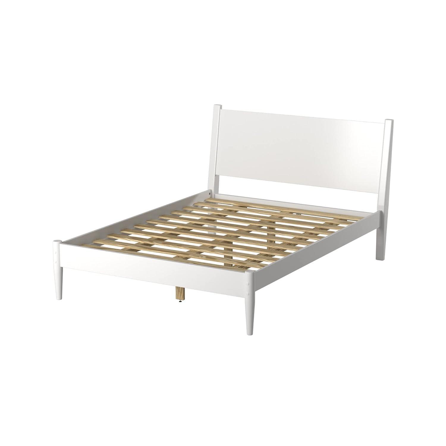 Camaflexi Mid Century Platform Bed Wood Panel Bed Frame with Headboard, Queen, White