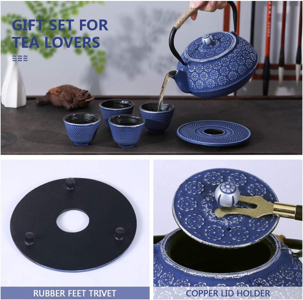 Darby Home Co Blue Floral Japanese Cast Iron Teapot Set with 4 Cups