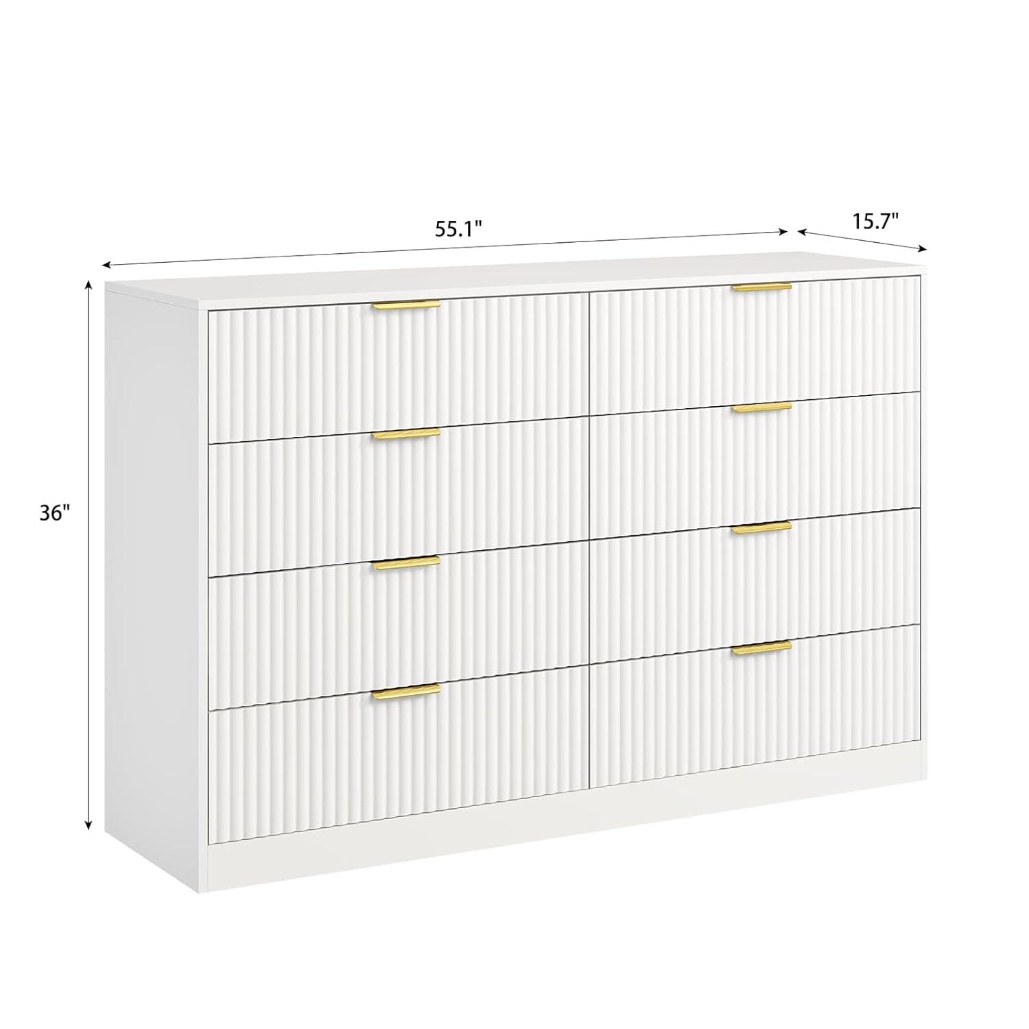 Fluted Dresser For Bedroom With 8 Drawers, 55" Wide Modern Chest Of Drawers With Metal Handle