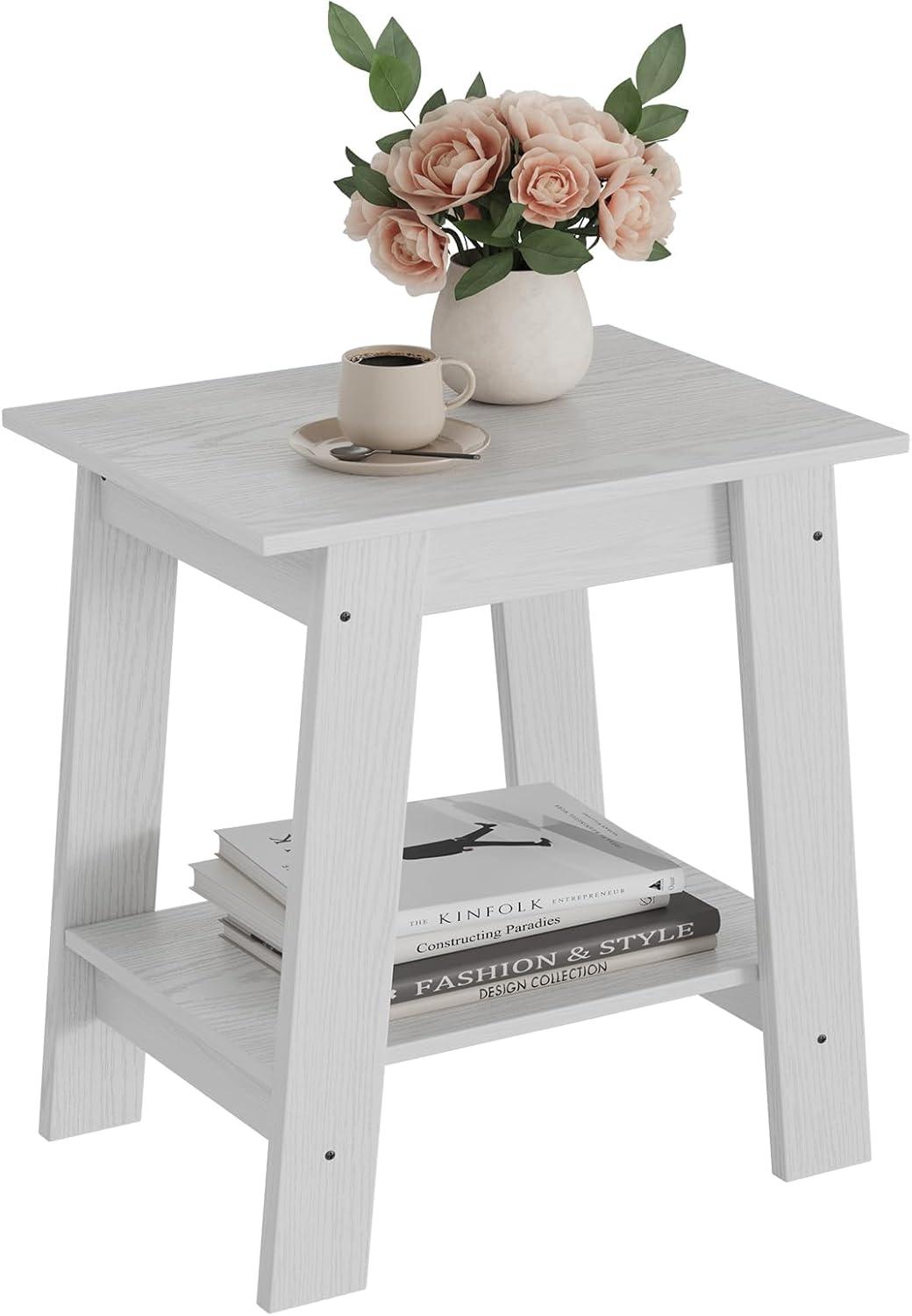 Nasitip 2-Tier End Table, Small Side Table, Nightstand with Storage Shelf, Narrow Side Table for Small Spaces(White)