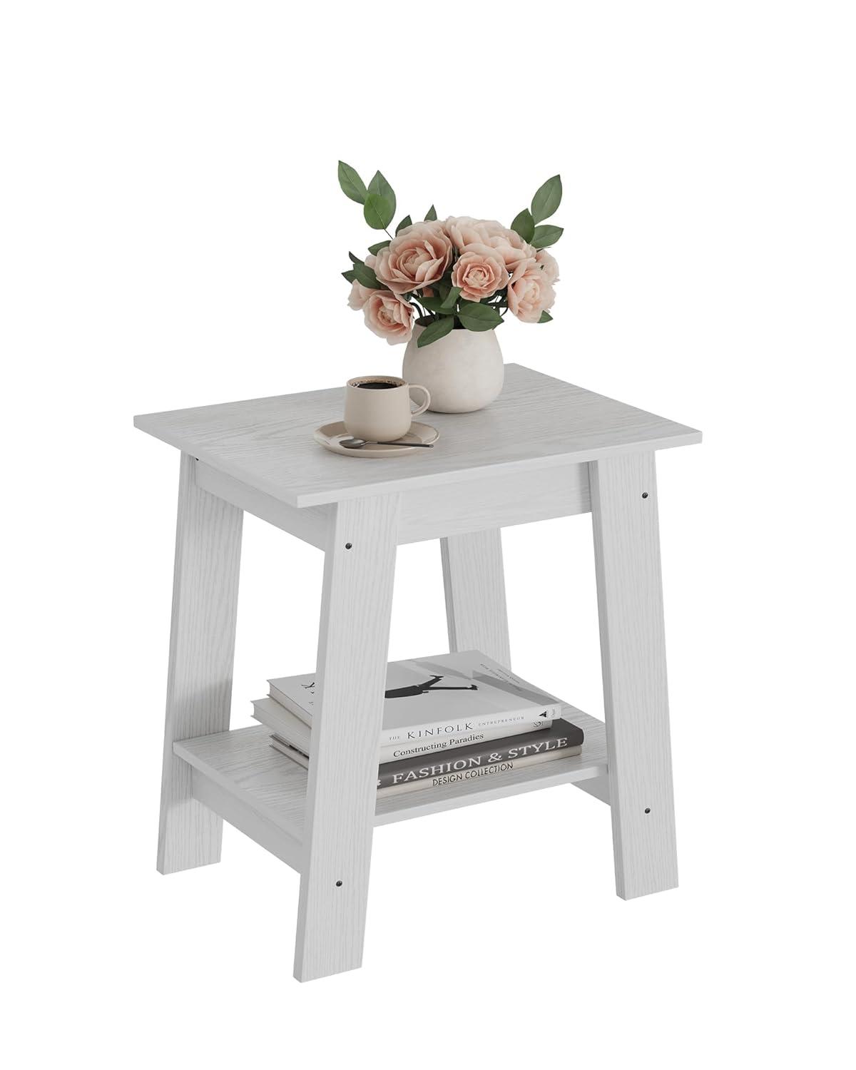 Nasitip 2-Tier End Table, Small Side Table, Nightstand with Storage Shelf, Narrow Side Table for Small Spaces(White)