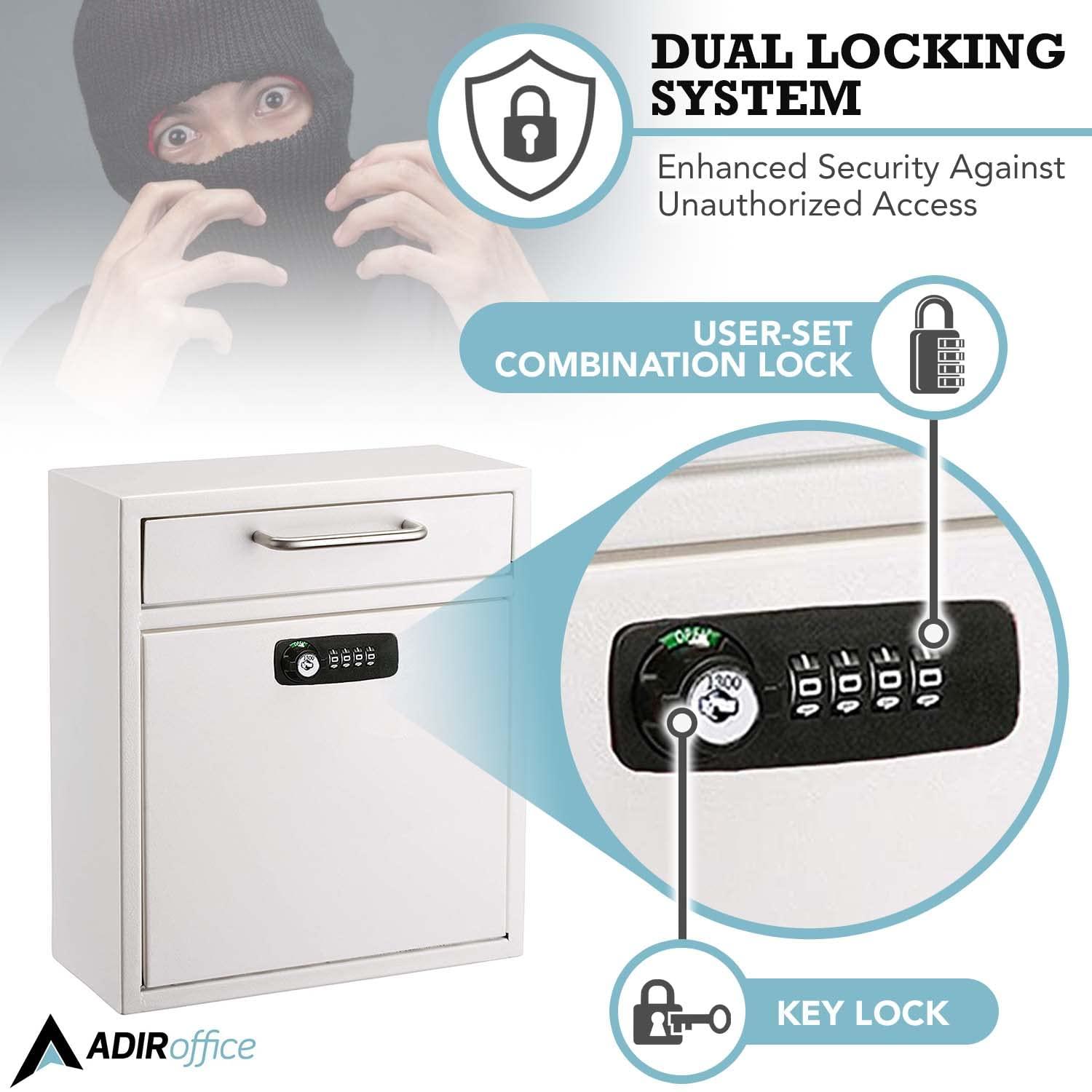 AdirOffice Wall-Mount Secure Drop Box Mailbox with Key and Combination Locking System