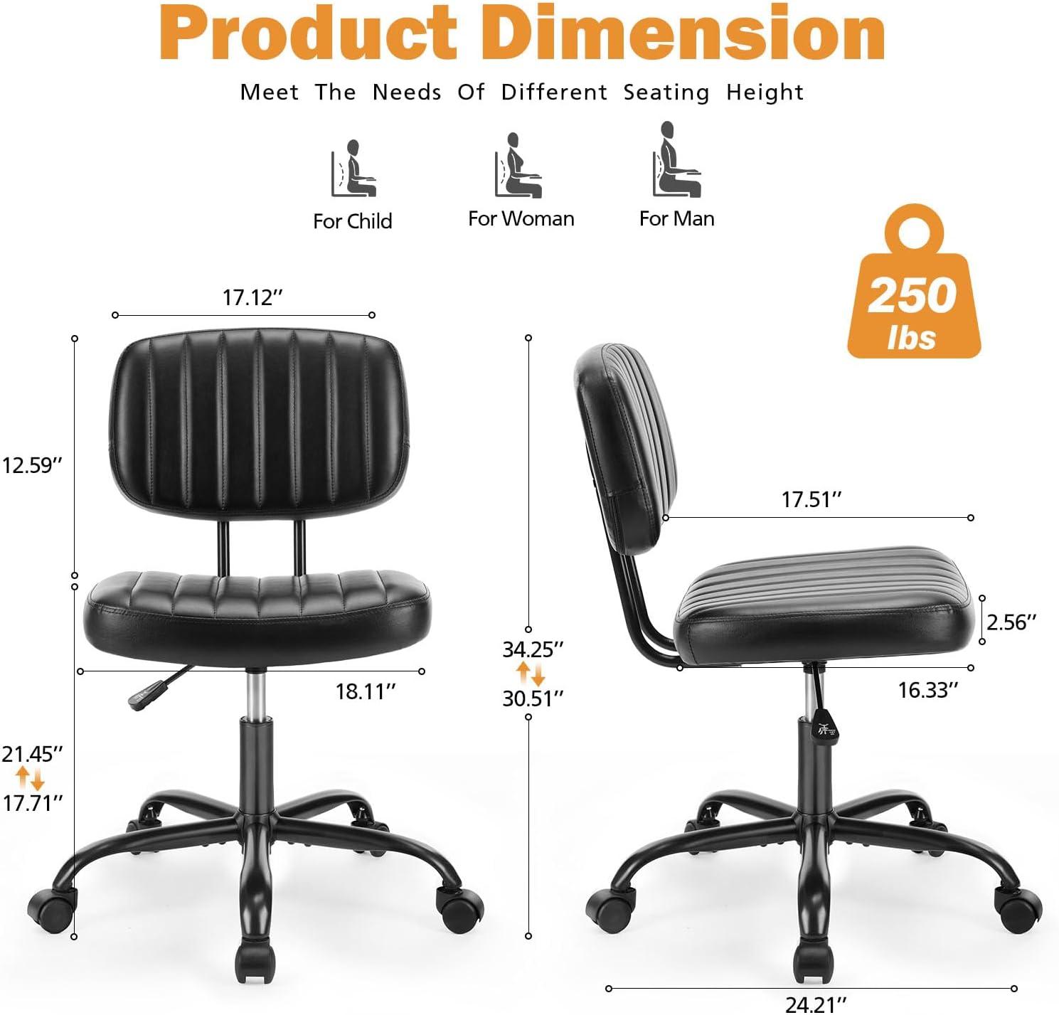 Topcobe Armless Home Office Chair Ergonomic Desk with Comfy Low Back Lumbar Support, Height Adjustable PU Leather Computer Task Chair with 360° Swivel Wheels, for Small Space, Kids and Adults, Black