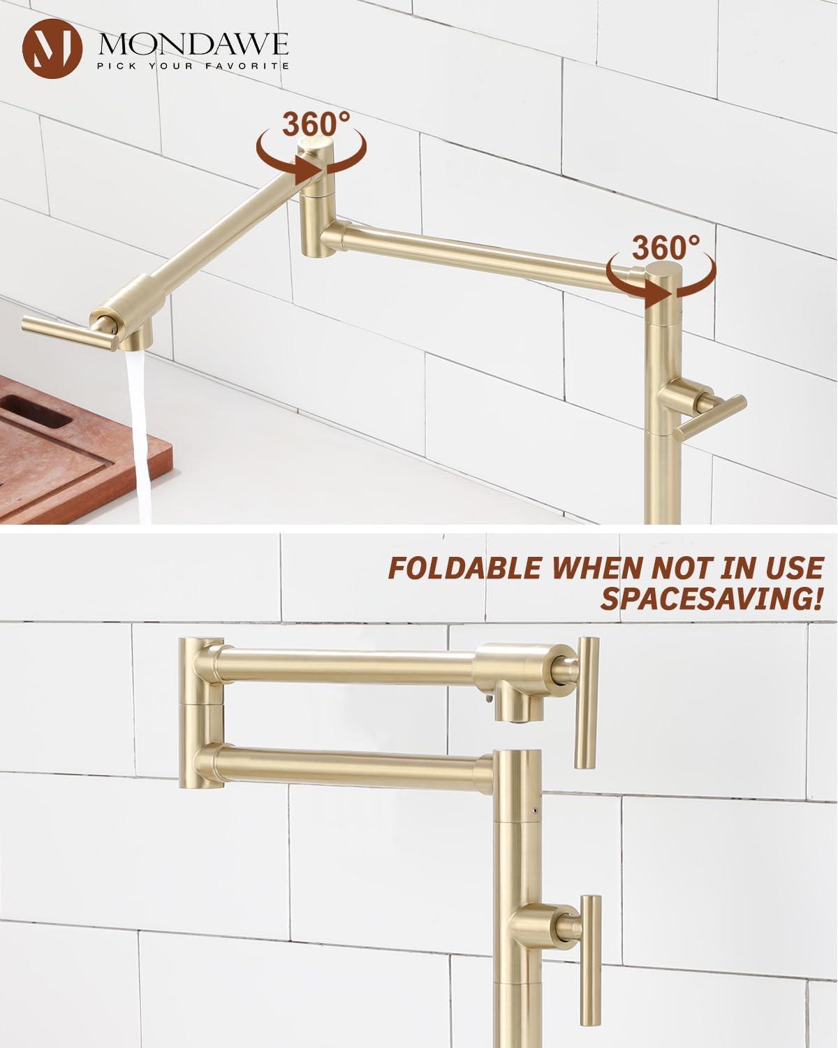 Pot Filler Faucet Wall Mount Kitchen Sink Faucet Stove Pot Filling Faucet with Double Joint Swing Arms Folding Faucet, Solid Brass Material, Lead-Free, Single Hole, Brushed Gold