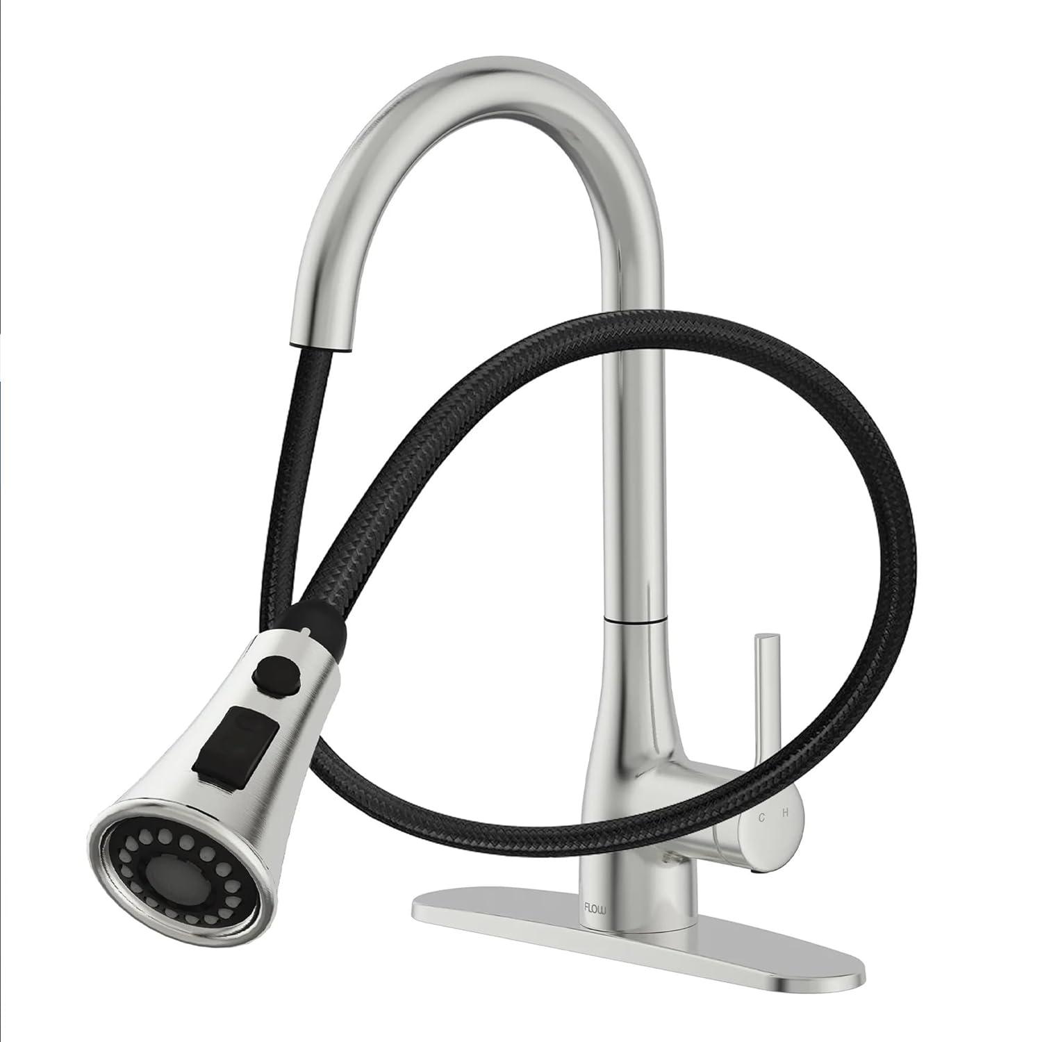 Bio Bidet Flow Classic Kitchen Faucet with Retractable Pull Down Sprayer, One-Handle, Easy Clean Finish, Brushed Nickel
